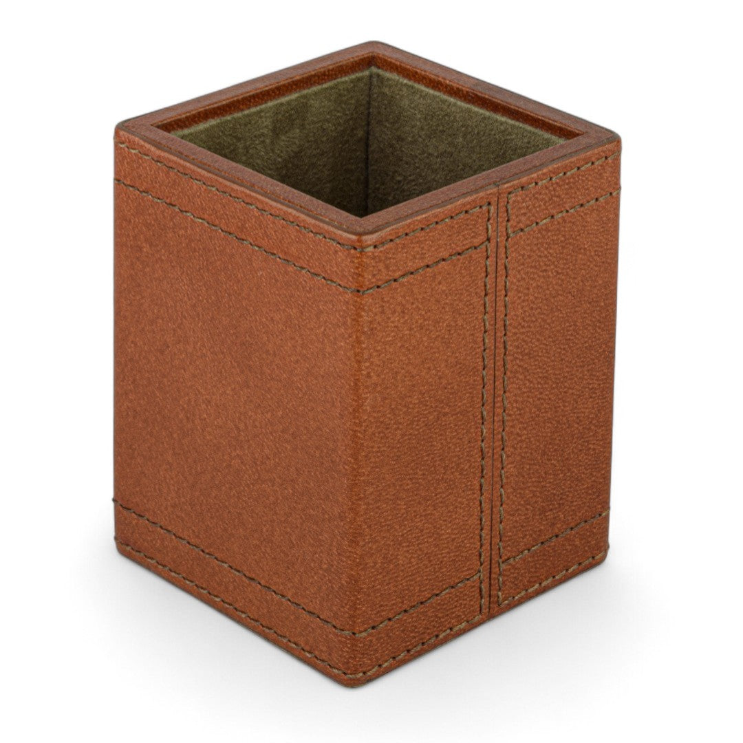Brown leather pen holder on a white background