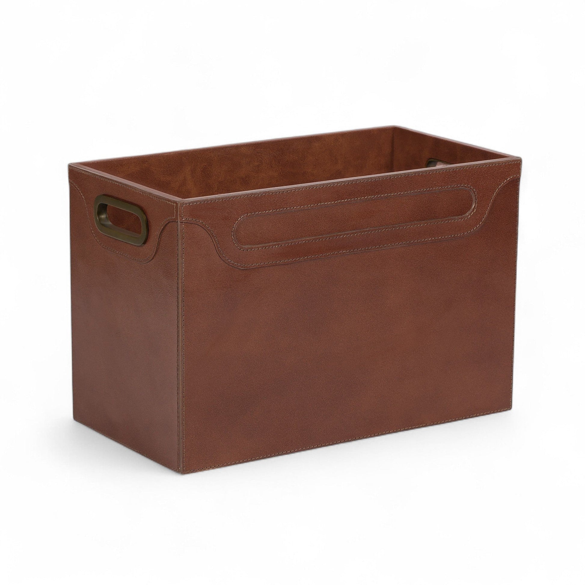 Brown storage bin with handles on a white background