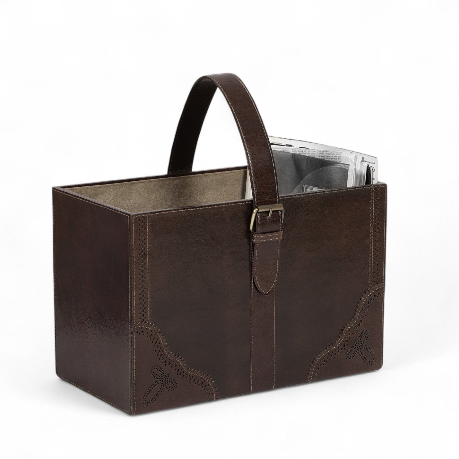 Brown leather tote bag with handle on a white background