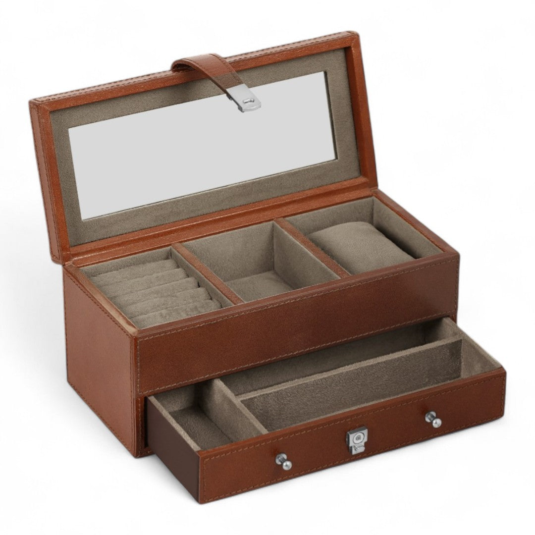 Brown leather jewelry box with open lid and compartments on a white background