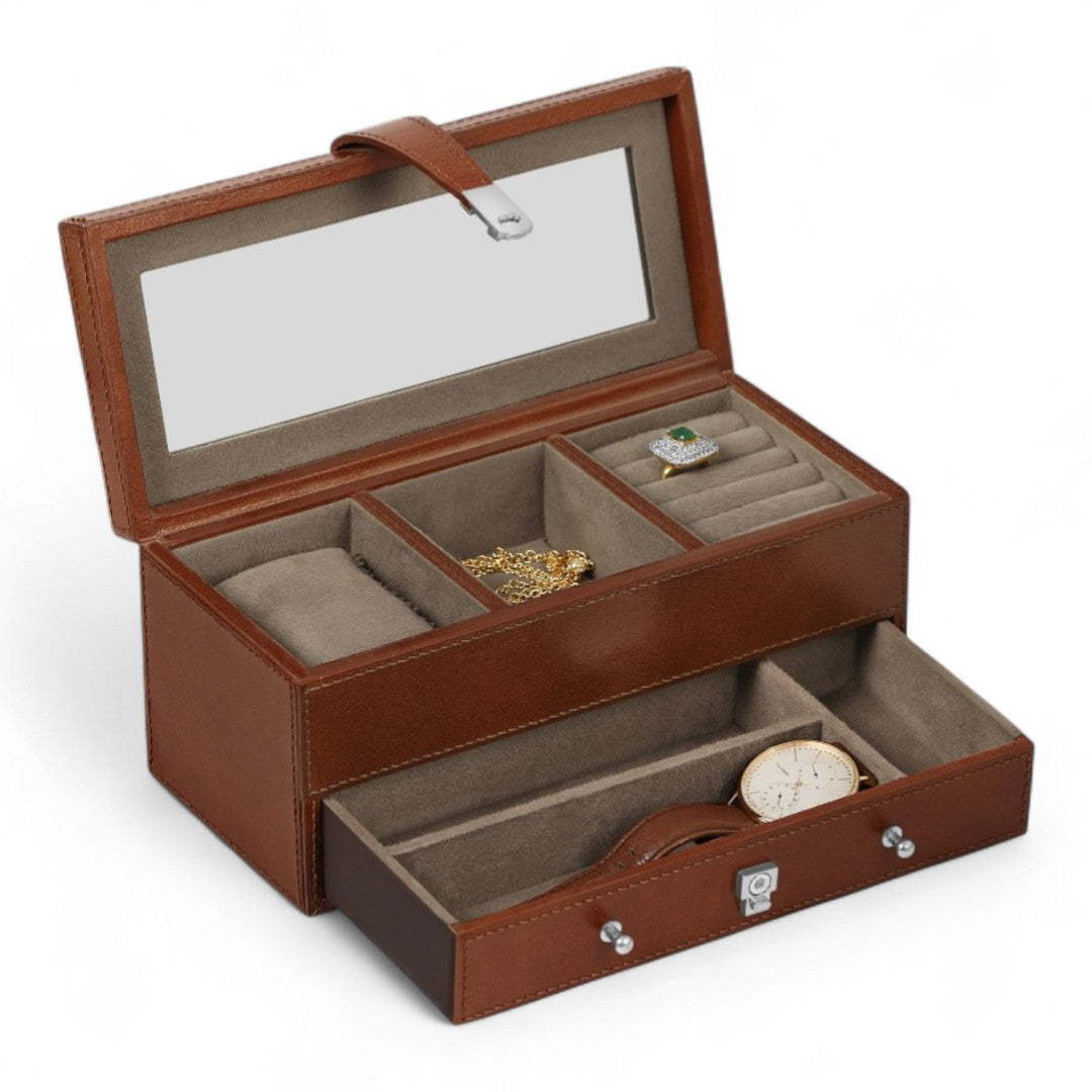 Brown jewelry box with compartments on a white background