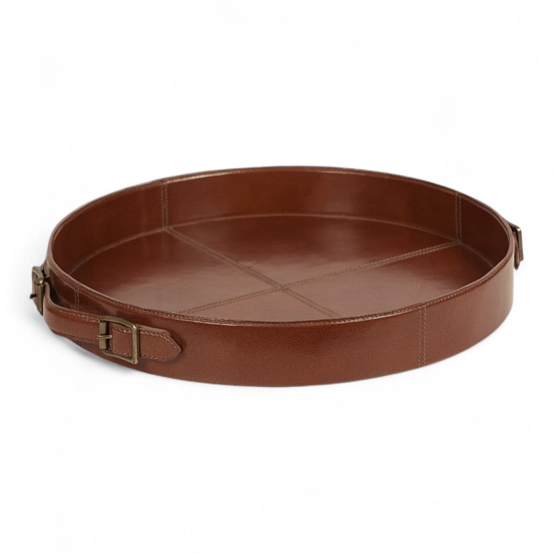 Brown leather tray with handles on a white background