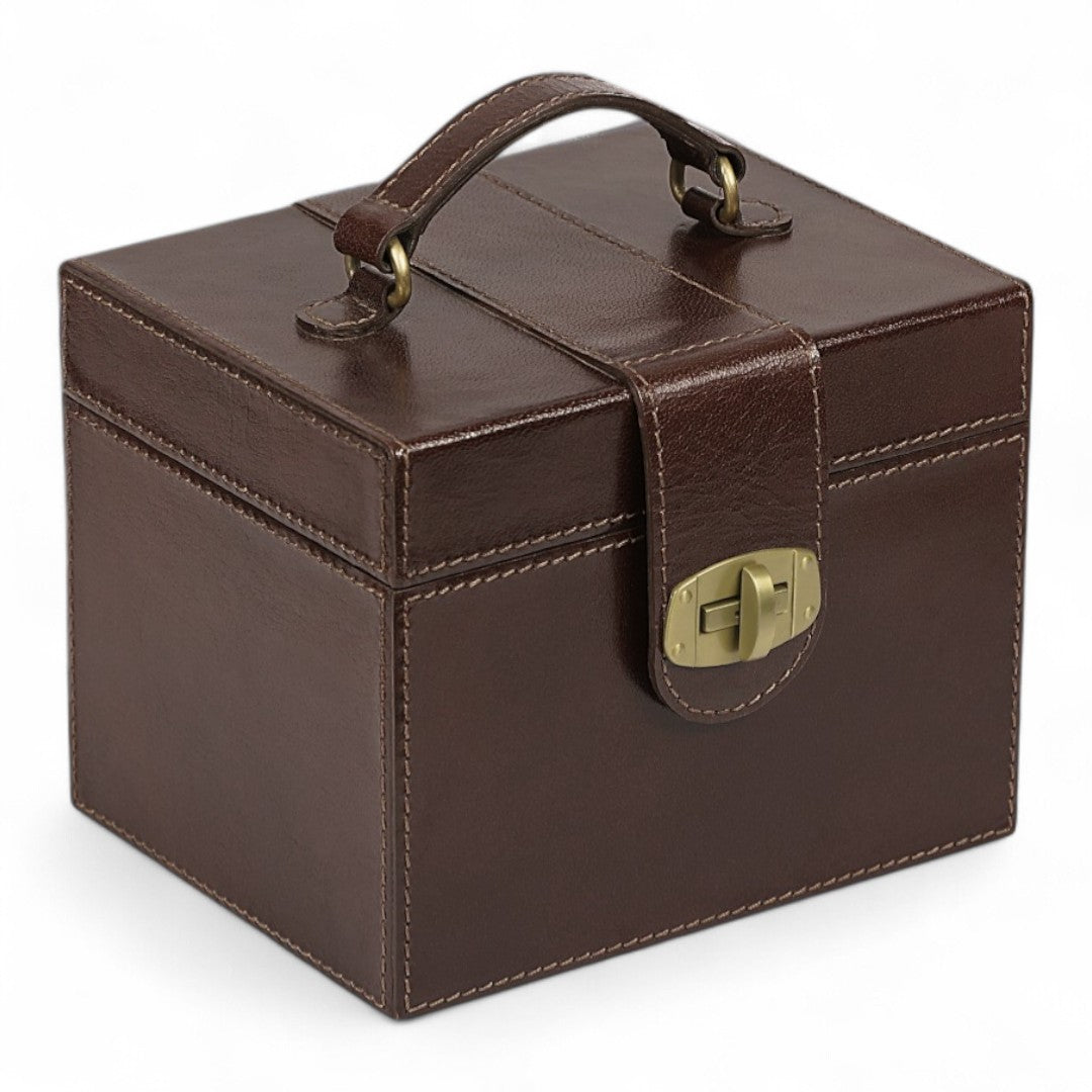 Brown leather jewelry box with a gold clasp on a white background