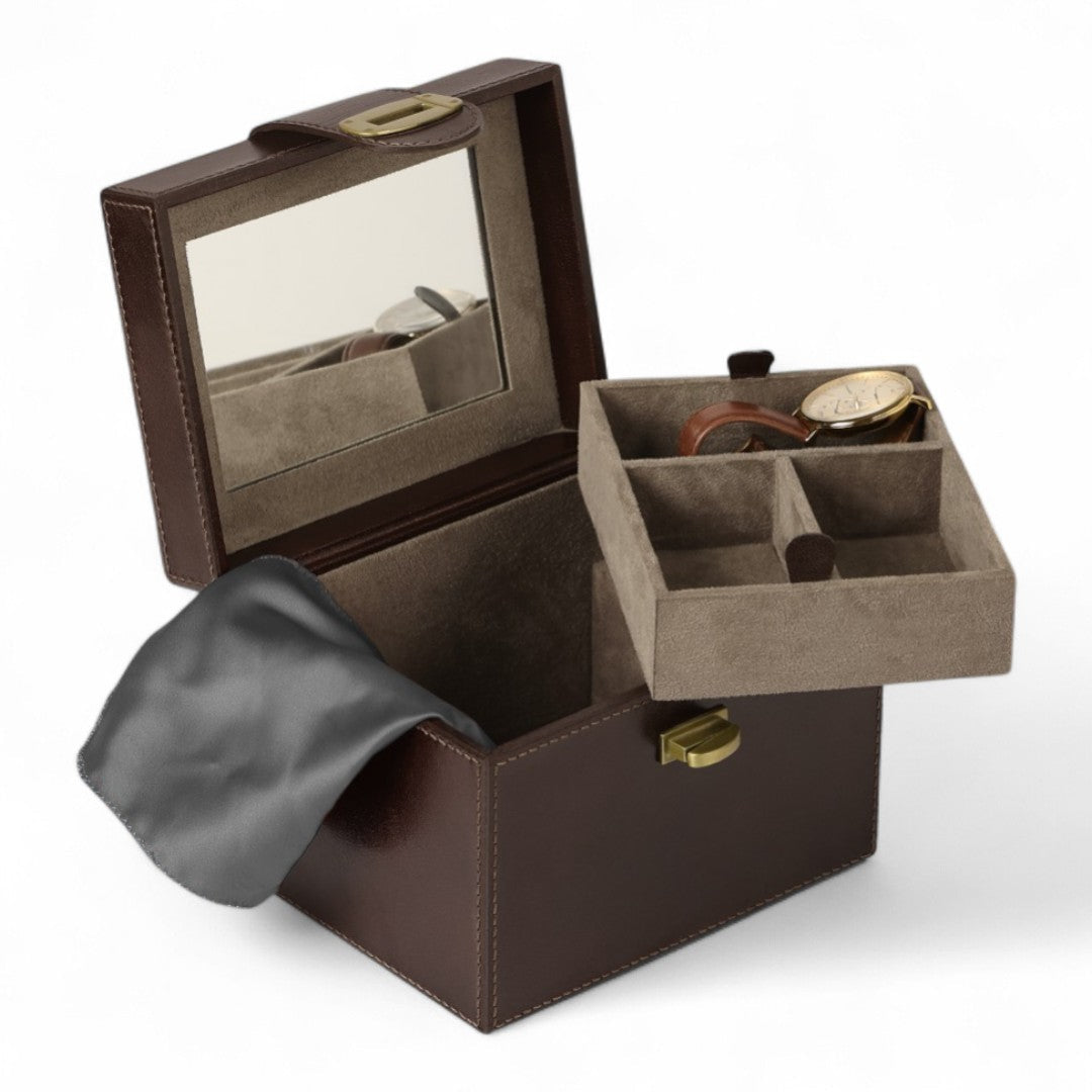 Brown jewelry box with a watch inside on a white background