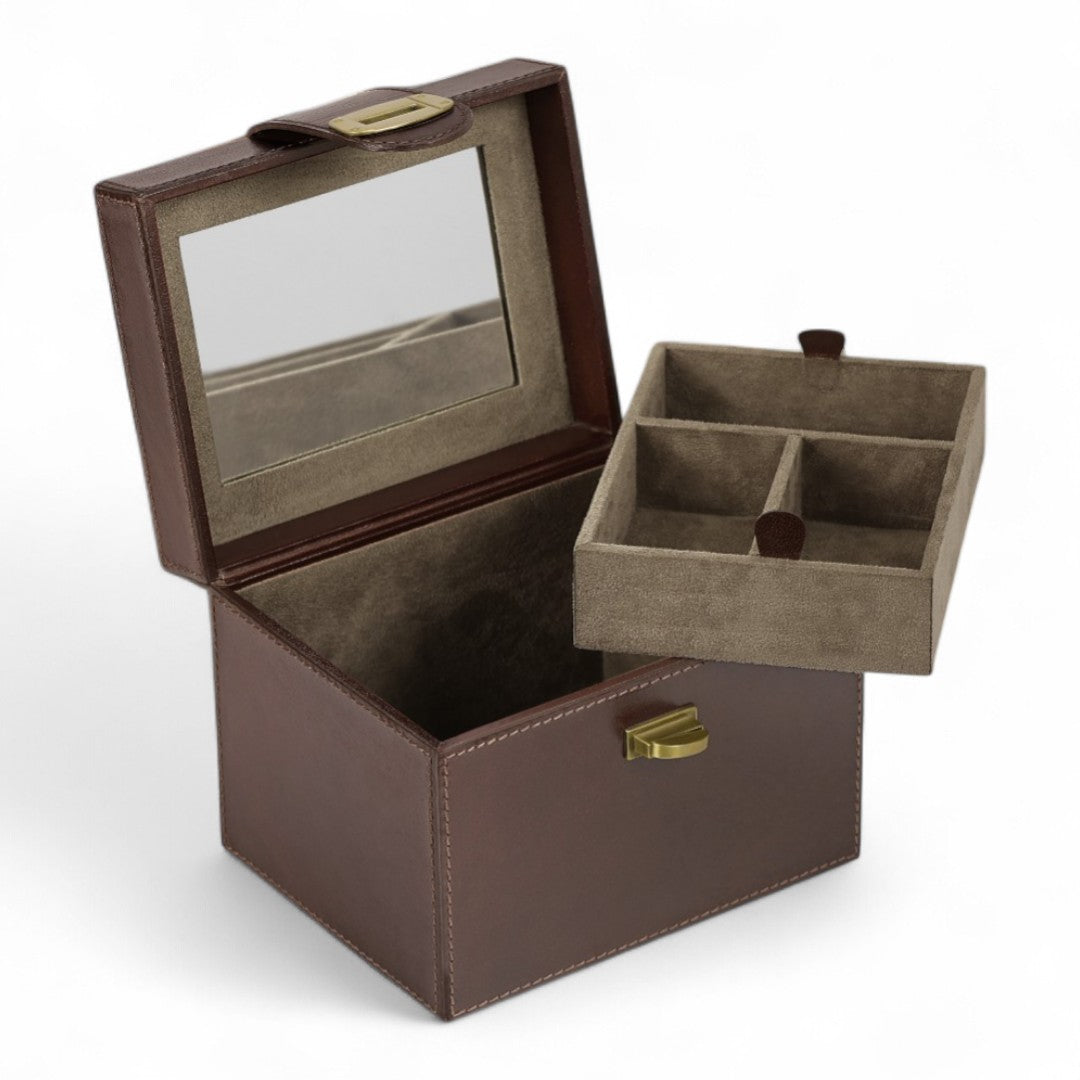 Brown jewelry box with a mirror and divided tray on a white background