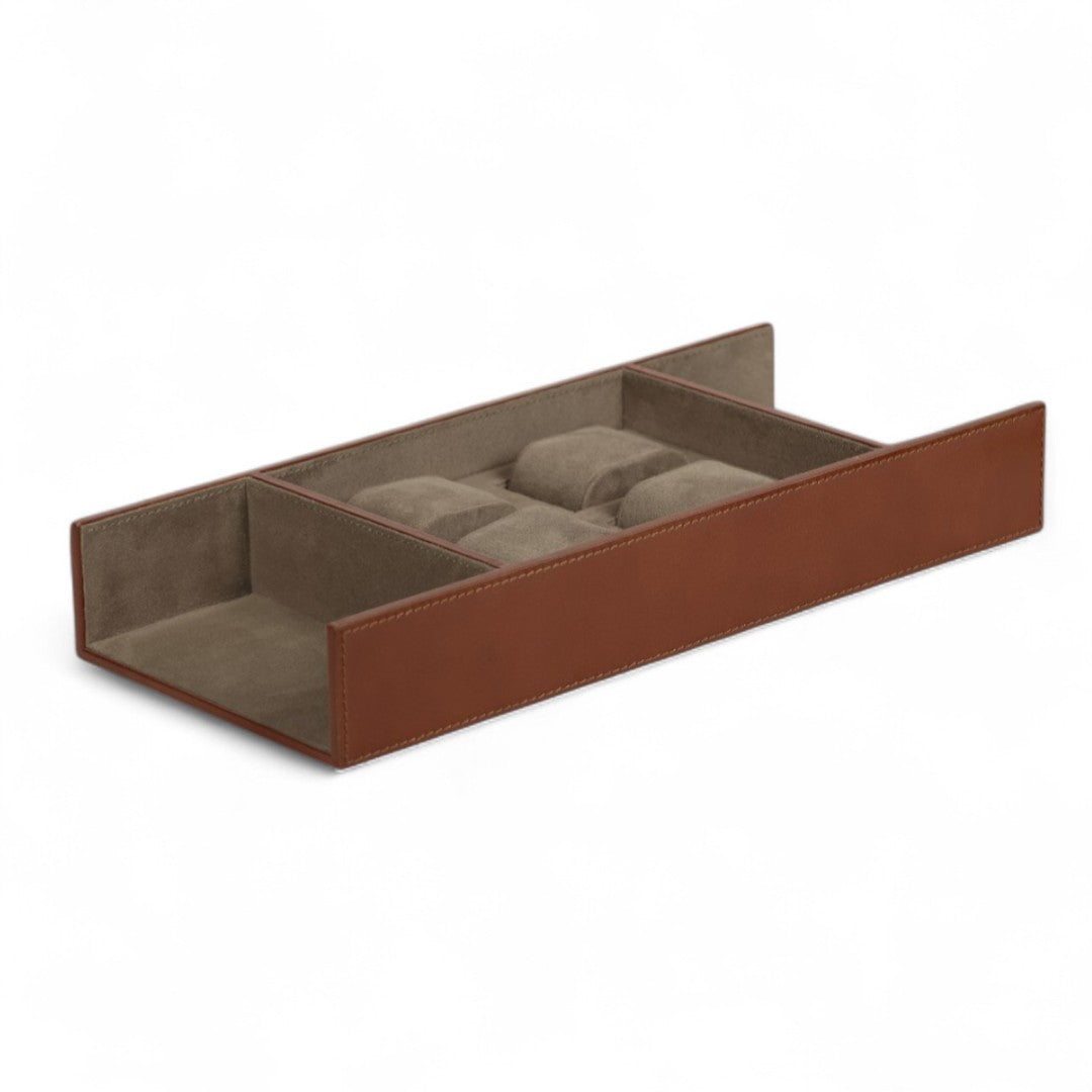 Brown jewelry tray with compartments on a white background