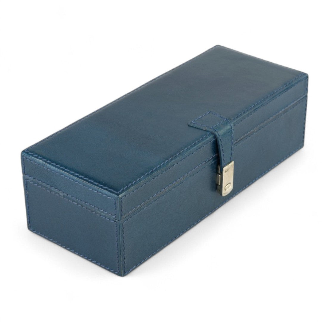 Blue jewelry box with a gold clasp on a white background