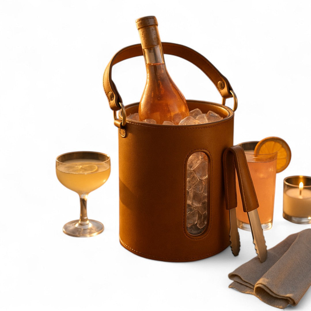 Brown leather wine cooler with bottle and ice, accompanied by glasses and a candle on a white background