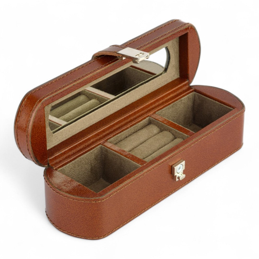 Brown jewelry box with compartments on a white background
