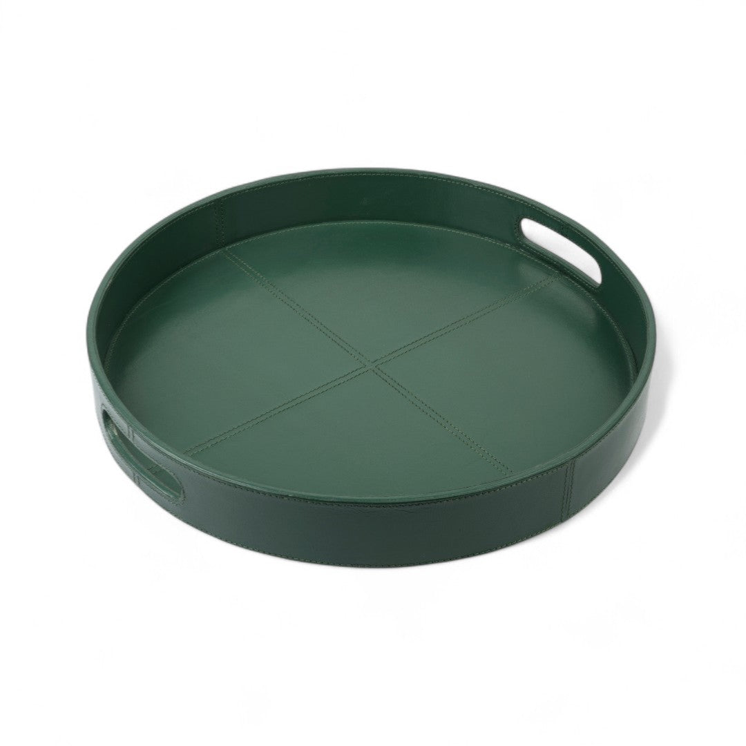 Green round tray with handles on a white background