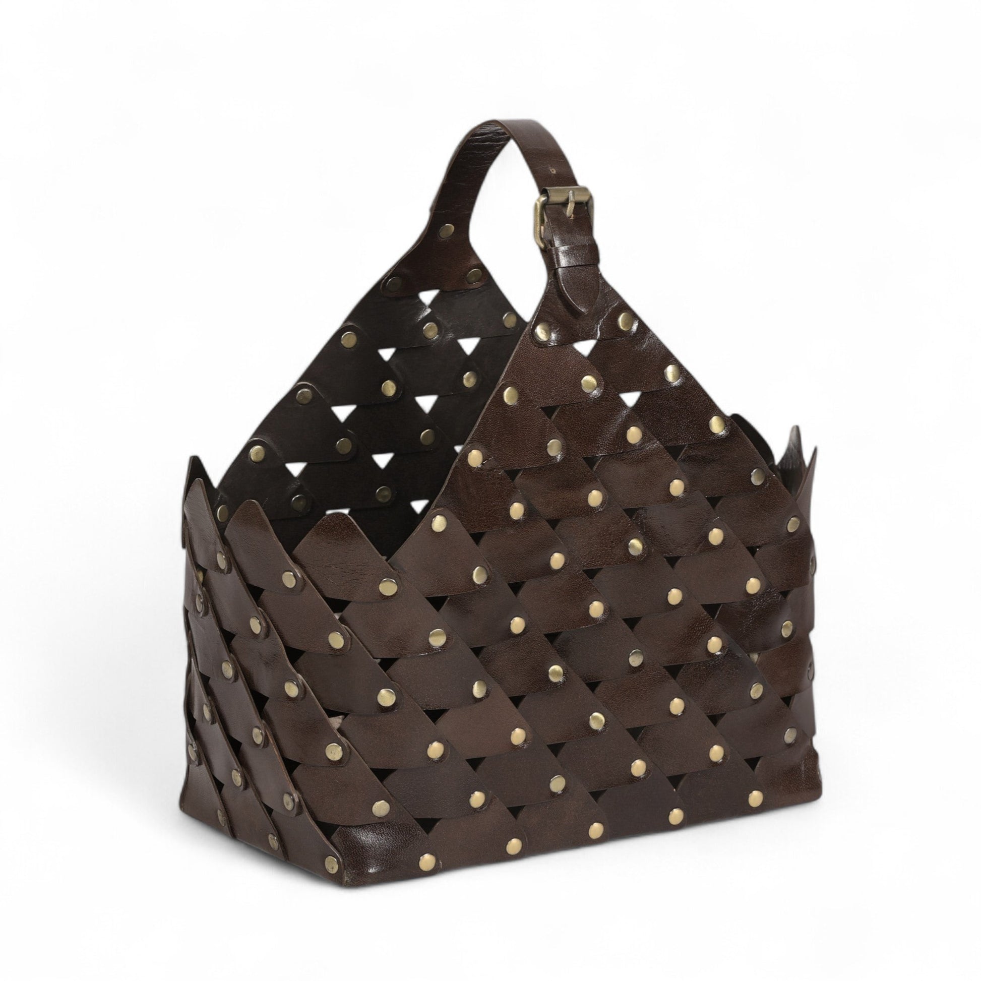 Brown woven handbag with gold studs on a white background