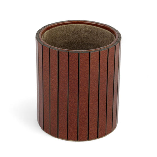 Cylindrical container with brown vertical stripes on a white background