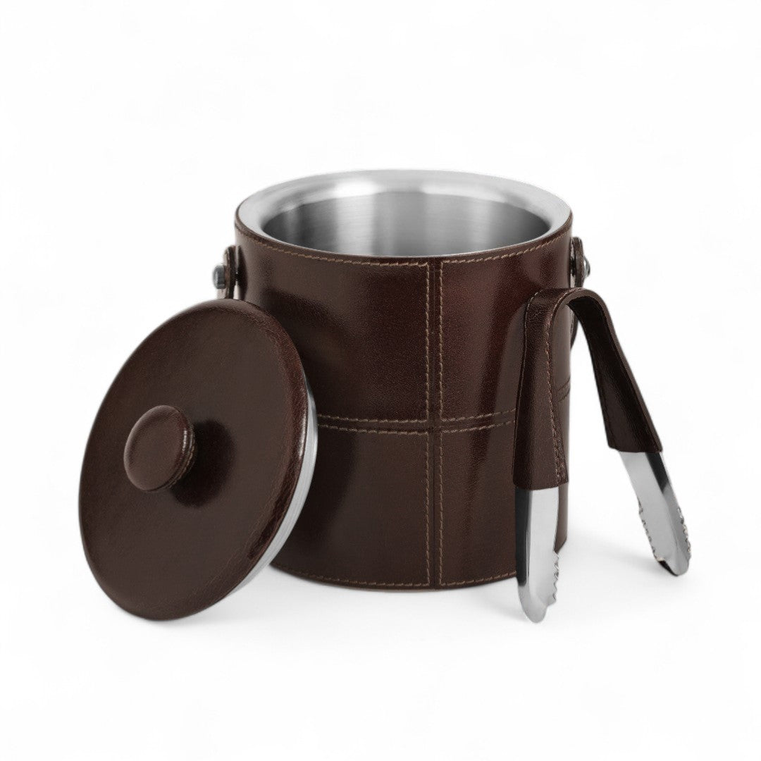 Brown leather cup with silver interior and handle on a white background