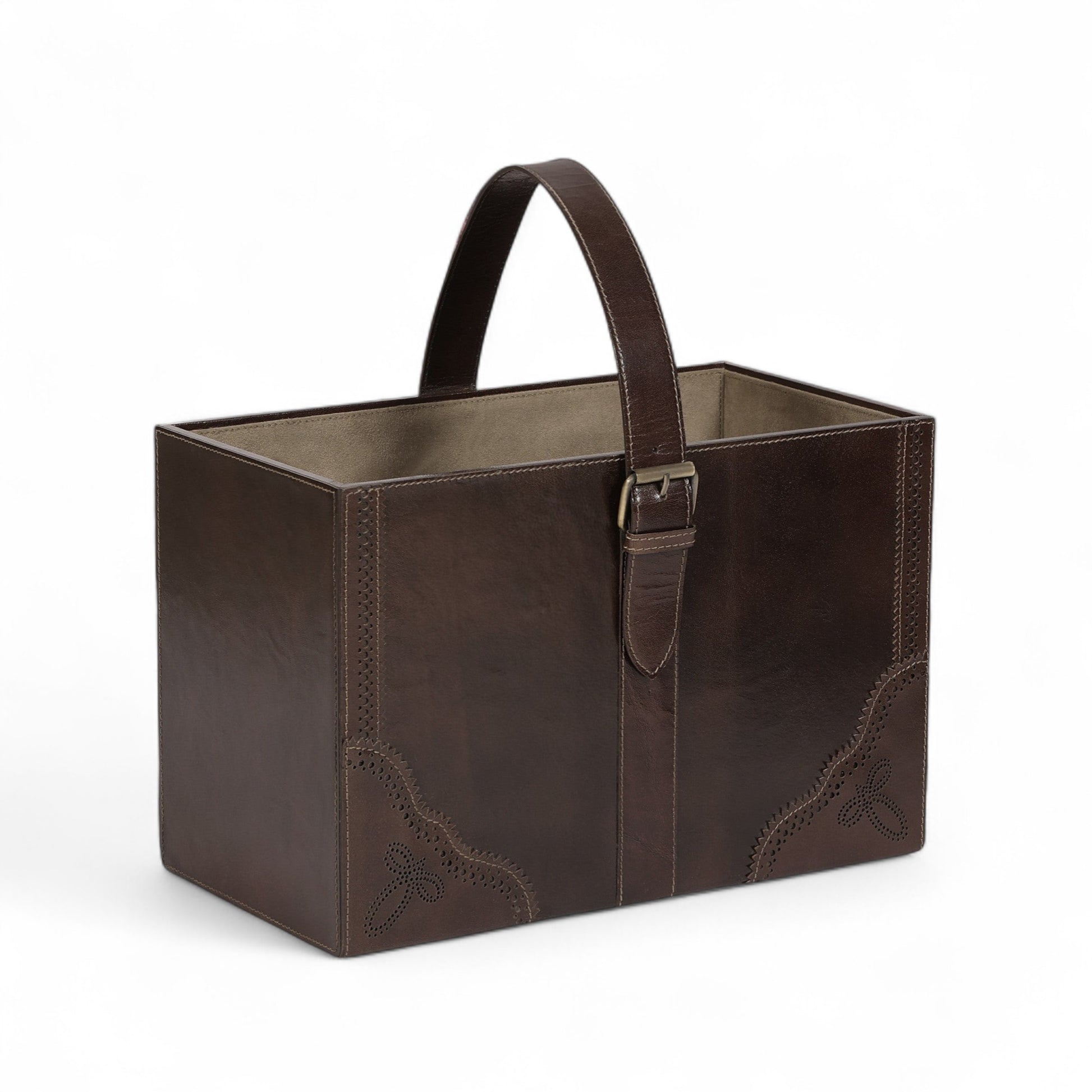 Brown leather tote bag with decorative stitching on a white background