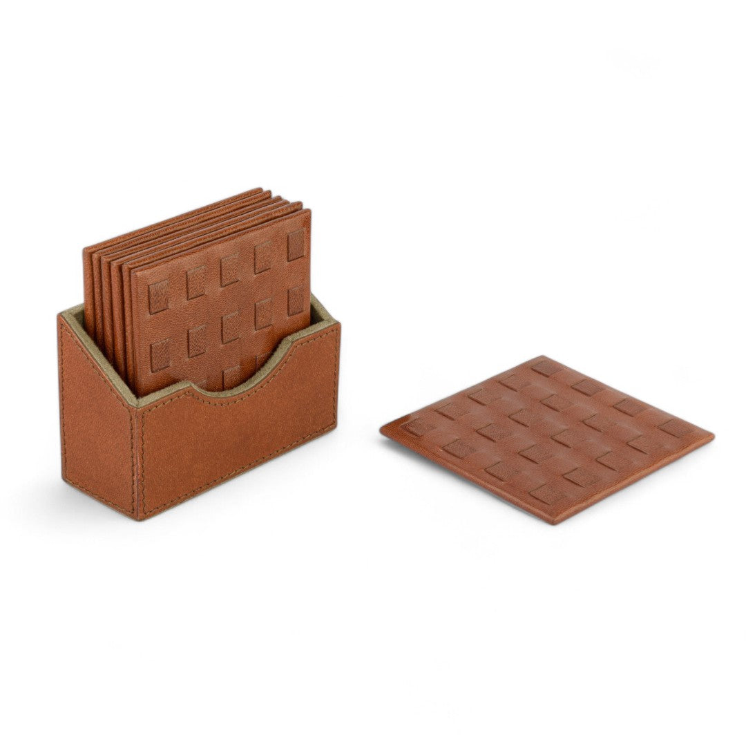 Set of brown coasters with a holder on a white background