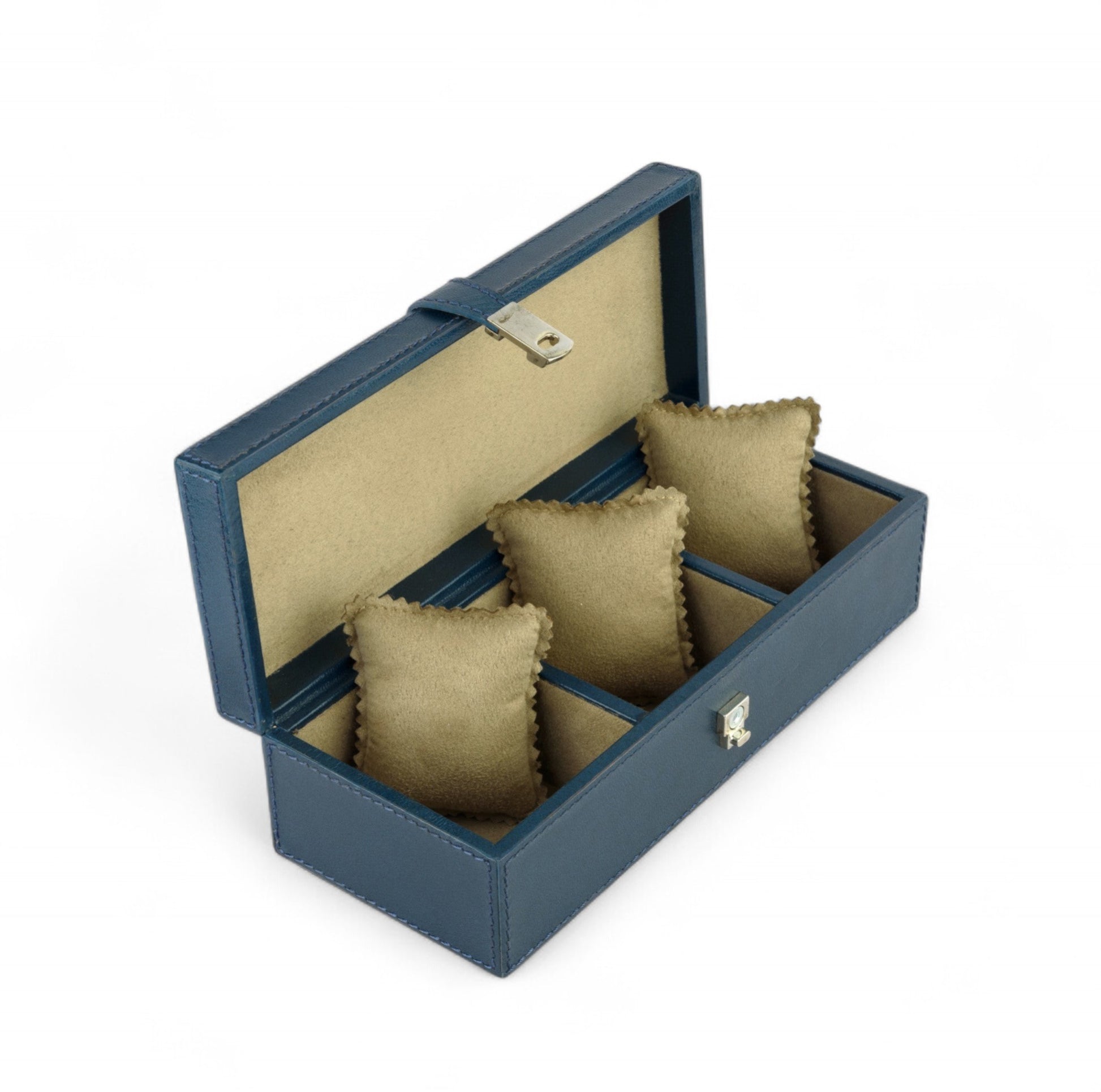 Blue jewelry box with beige interior and three cushioned compartments on a white background