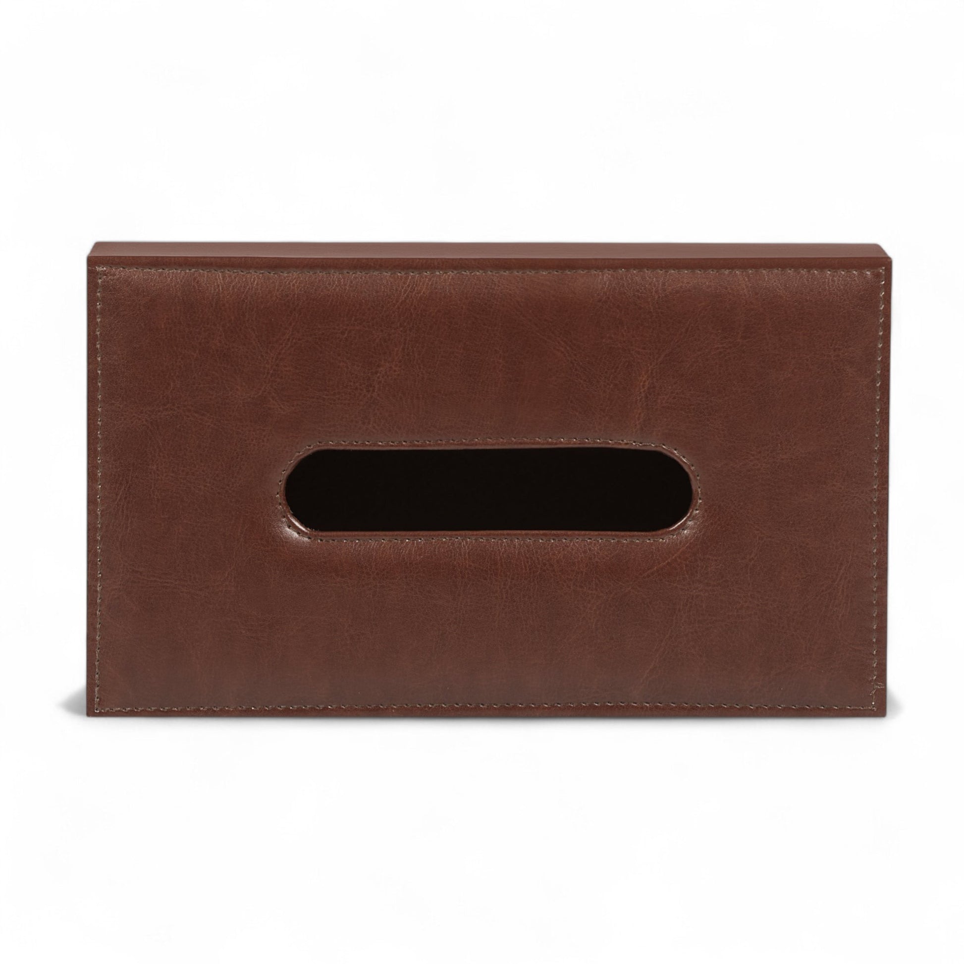 Brown leather tissue box cover on a white background