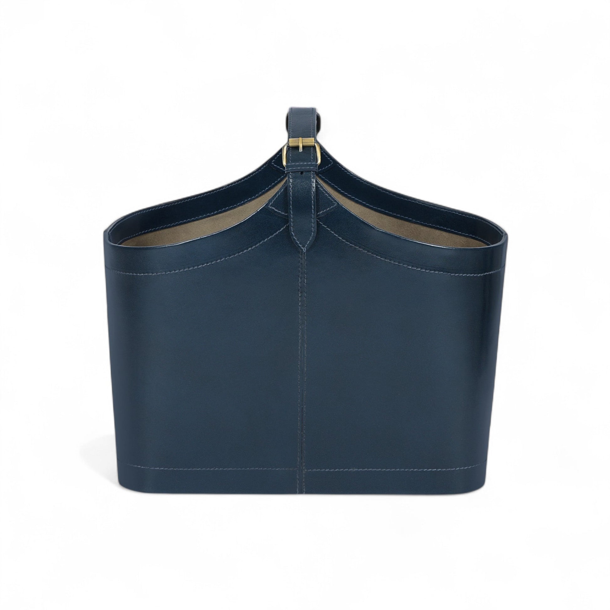 Blue leather handbag with a strap on a white background