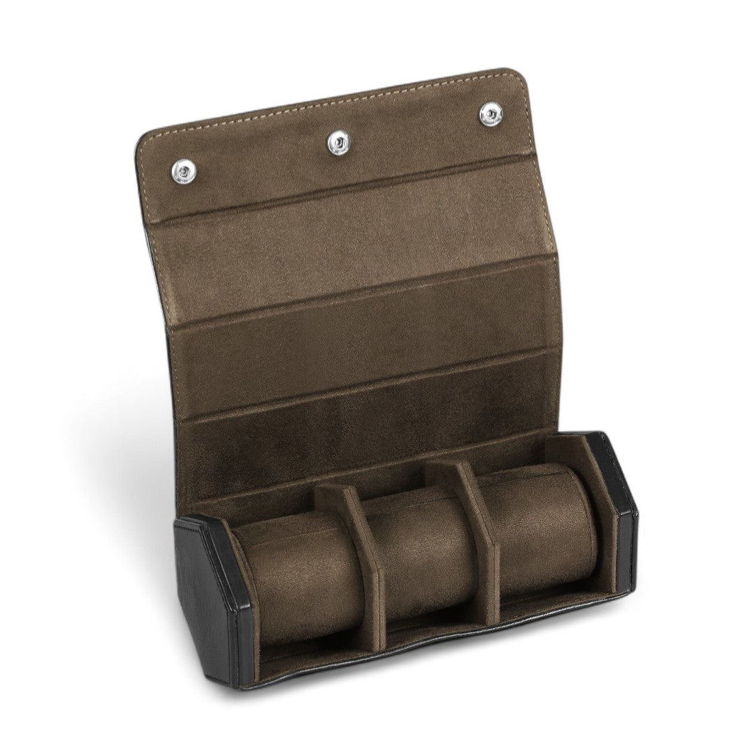 Brown watch holder with three compartments on a white background