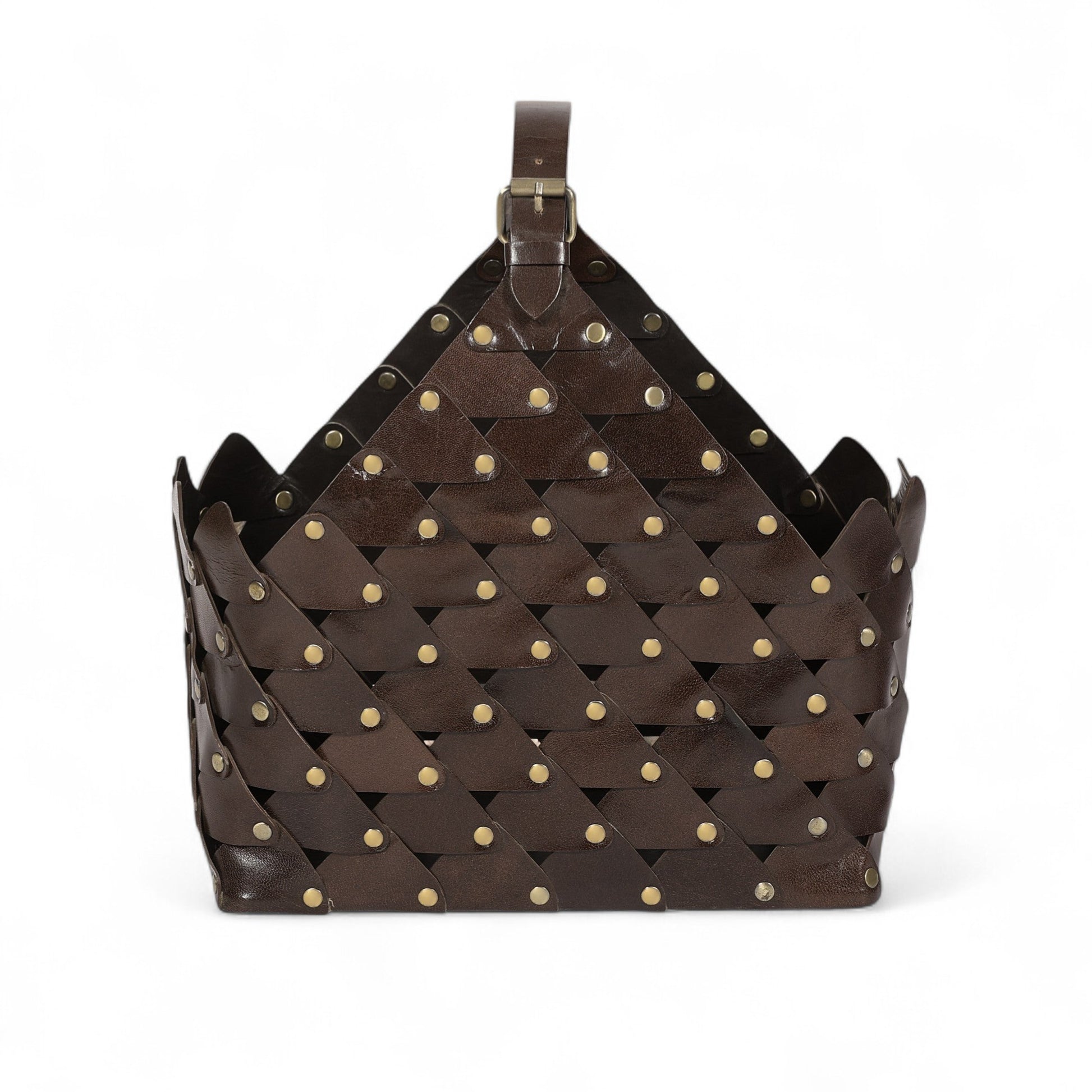 Brown woven basket with gold studs on a white background