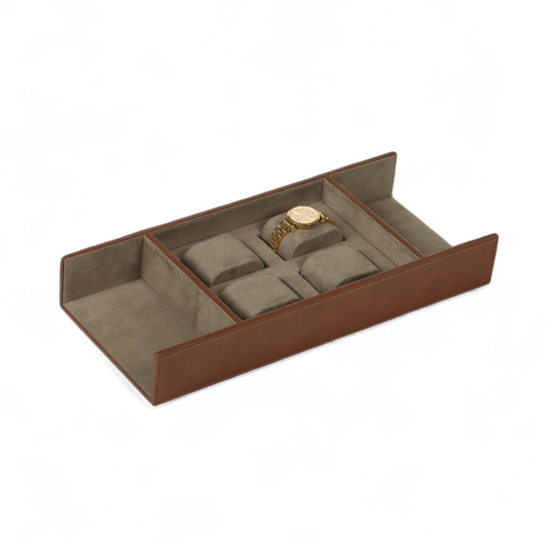 Brown watch box with compartments on a white background