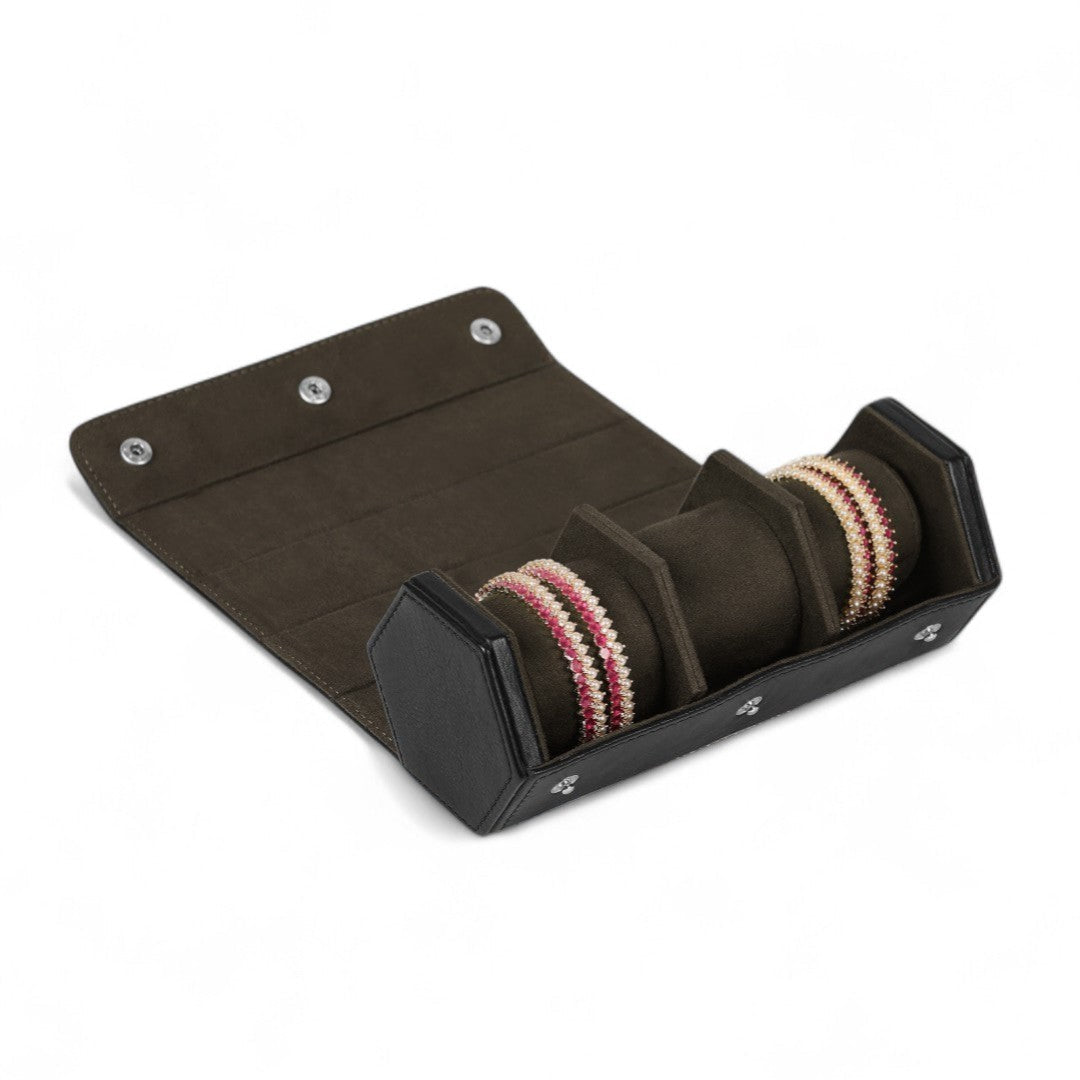 Brown jewelry case with three compartments on a white background