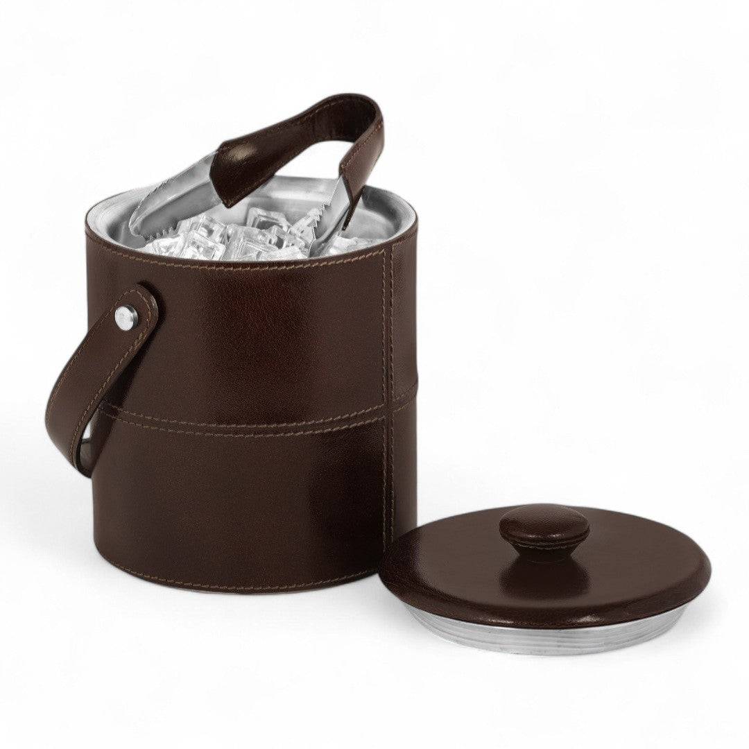 Brown leather ice bucket with lid on a white background