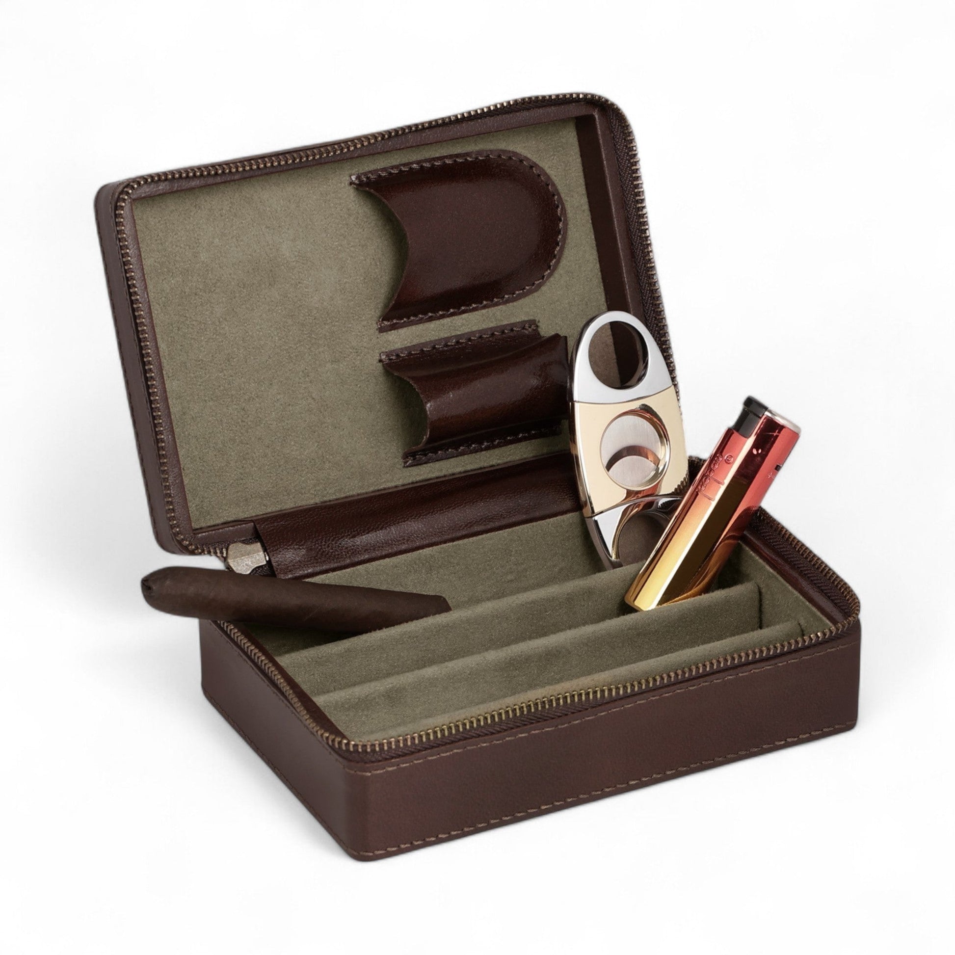 Cigar cutter and humidor set on a white background
