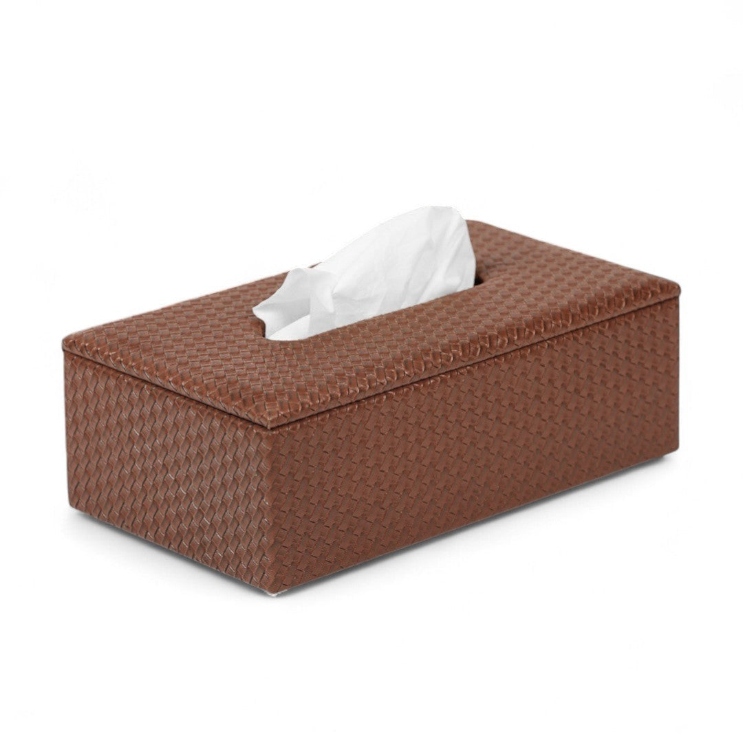Brown textured tissue box with tissues on a white background
