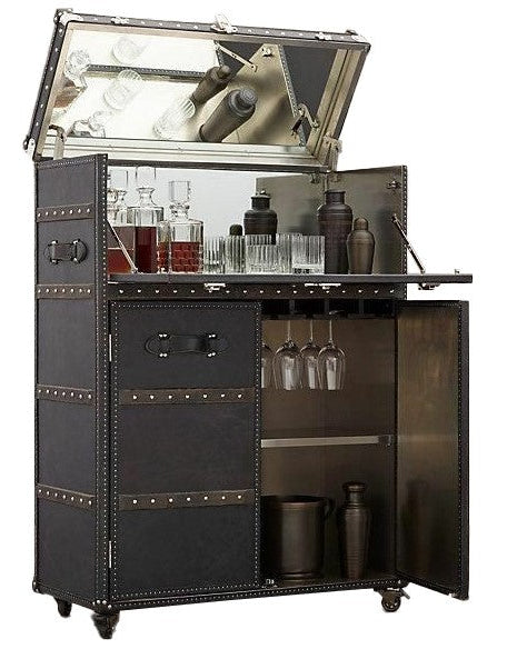 Black bar cart with open top displaying bottles and glasses, closed door with shelves inside.