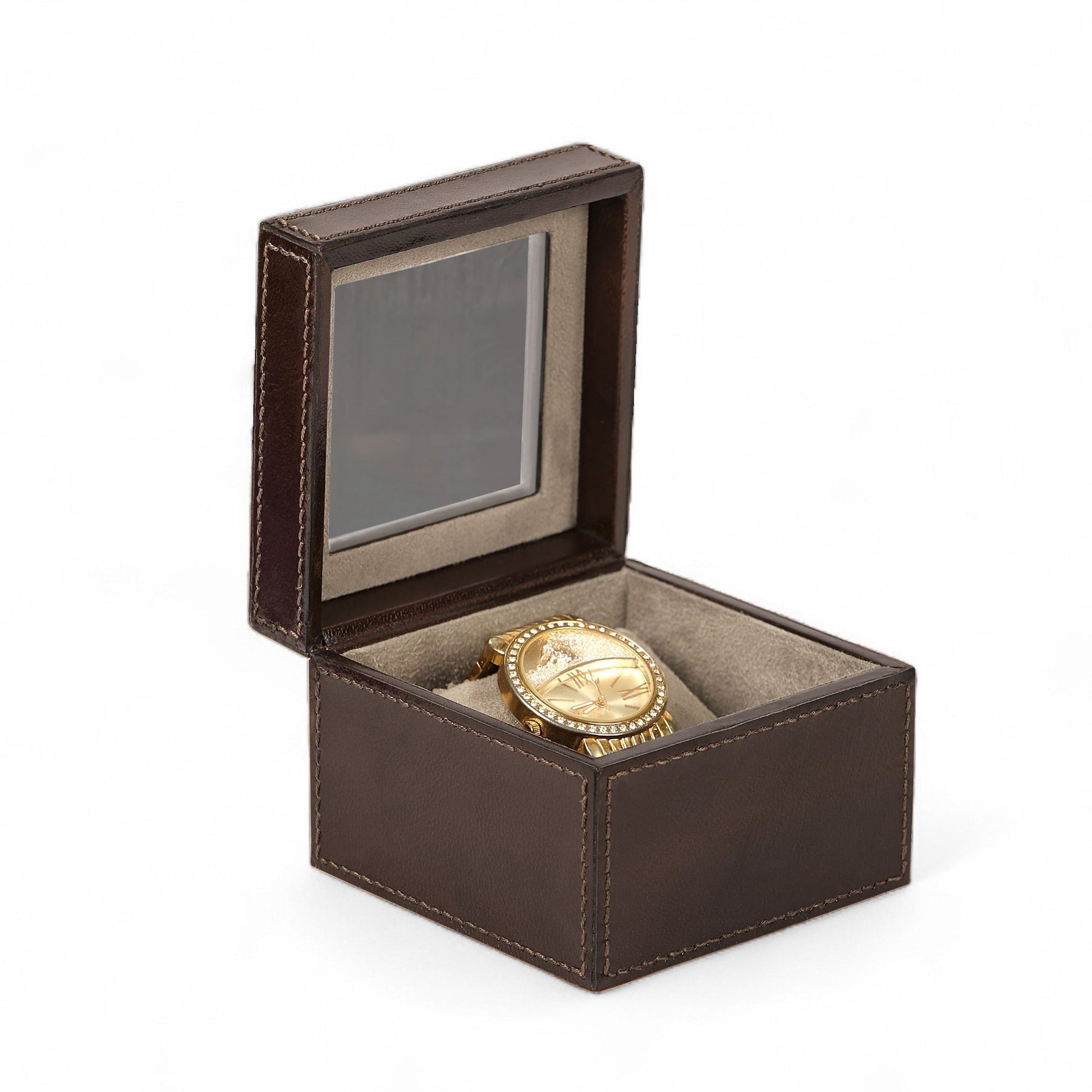 Gold watch in a brown leather box on a white background