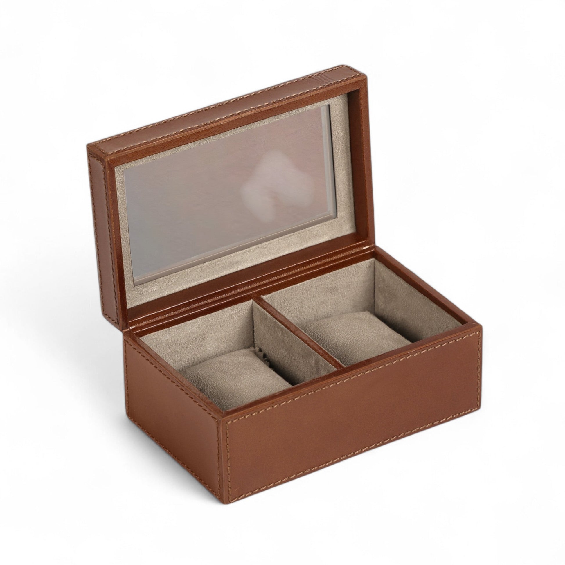 Brown leather watch box with two compartments on a white background