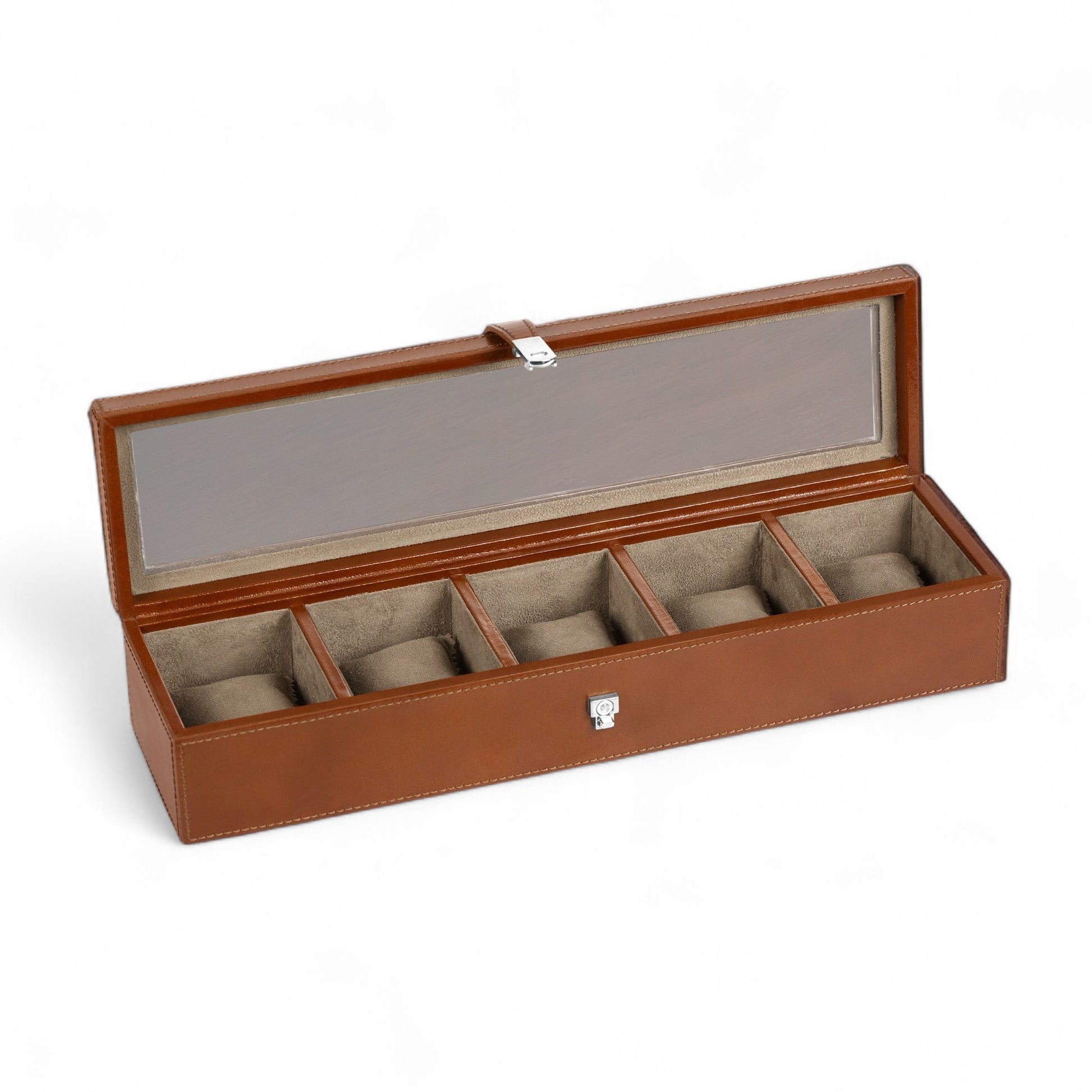 Brown leather watch box with six compartments on a white background