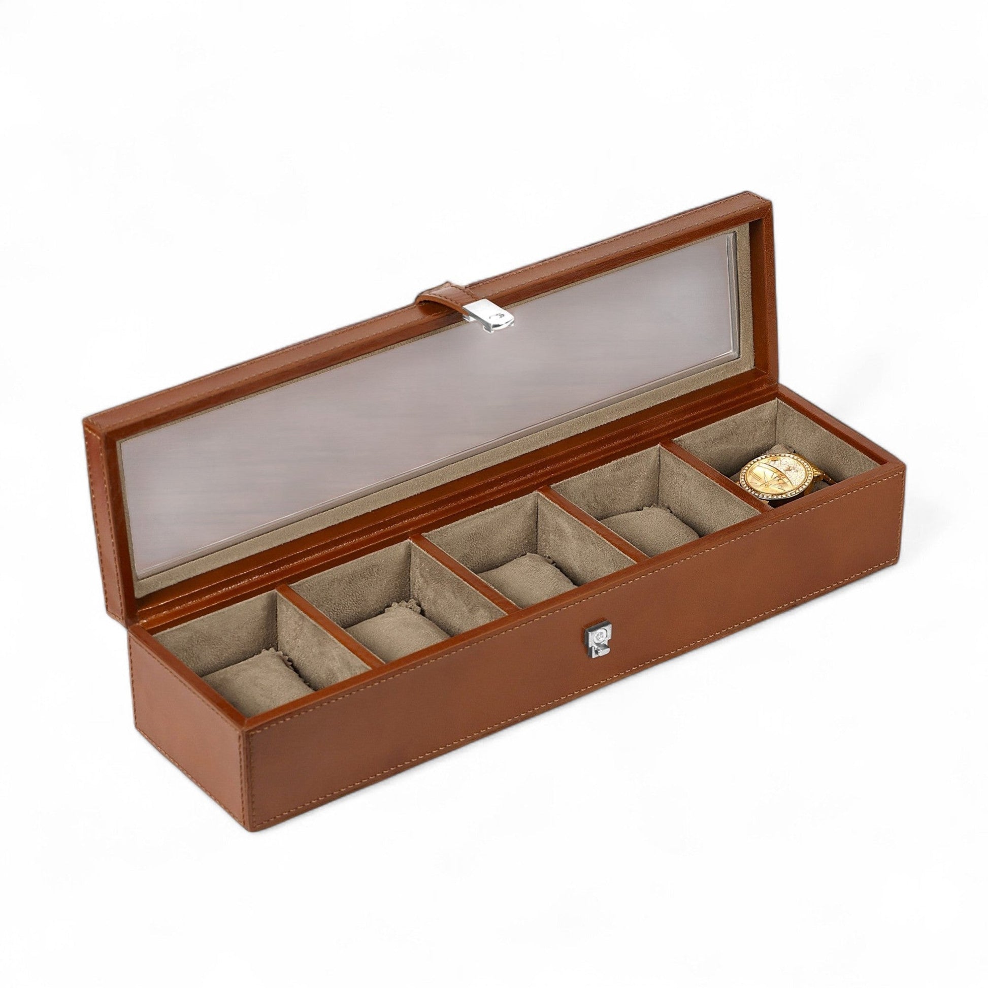 Brown leather watch box with multiple compartments on a white background