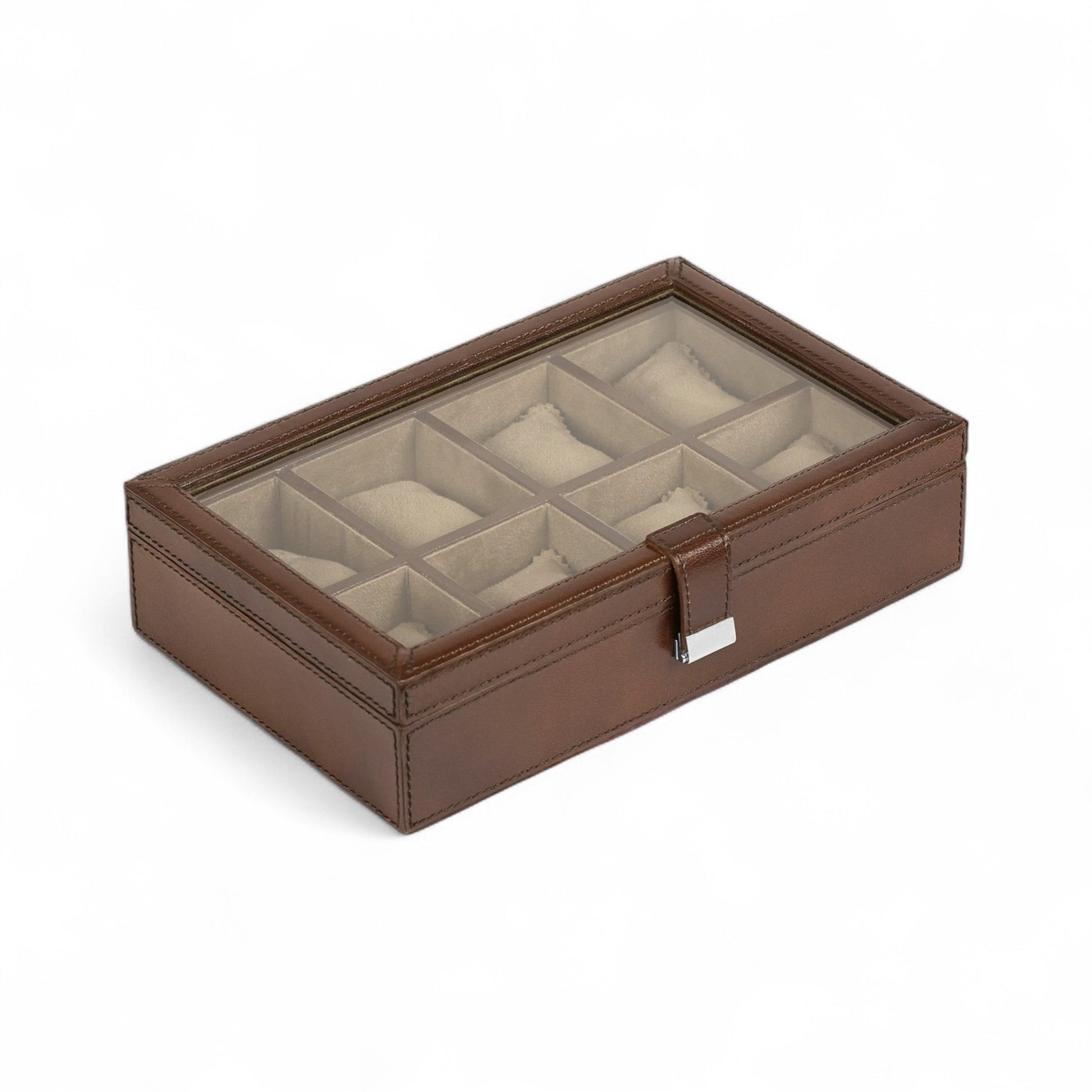 Brown leather jewelry box with glass top on a white background