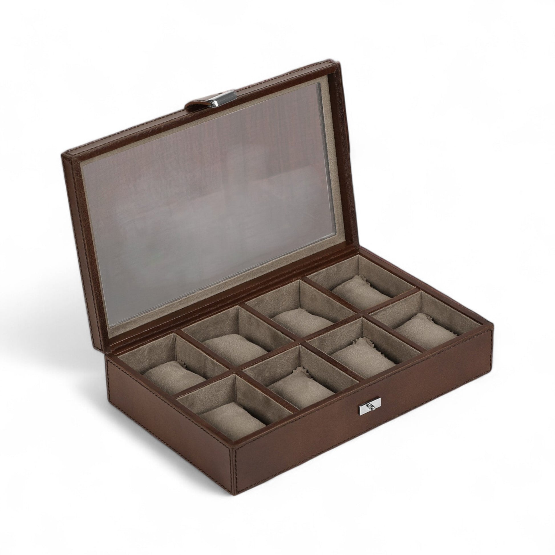 Brown jewelry box with multiple compartments on a white background