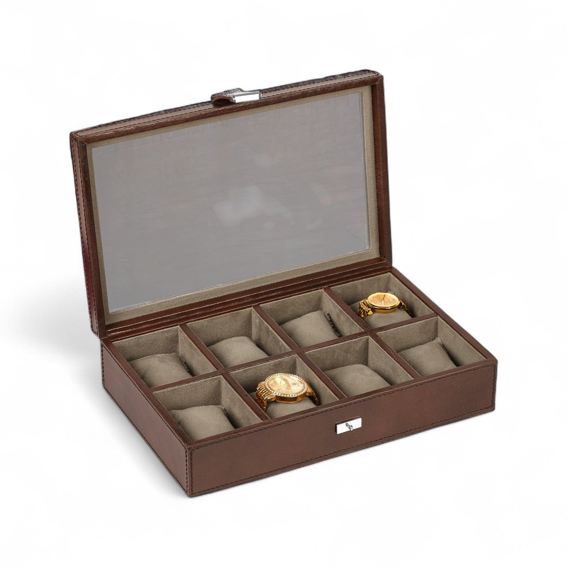 Brown watch box with gold watches on a white background