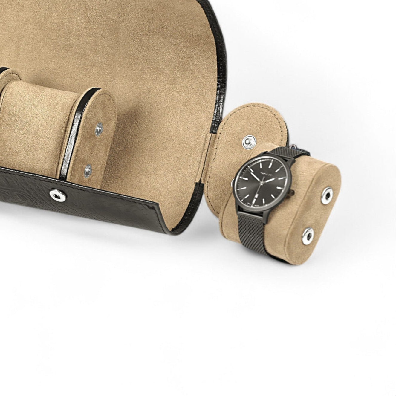 Beige watch holder with a black watch on a white background