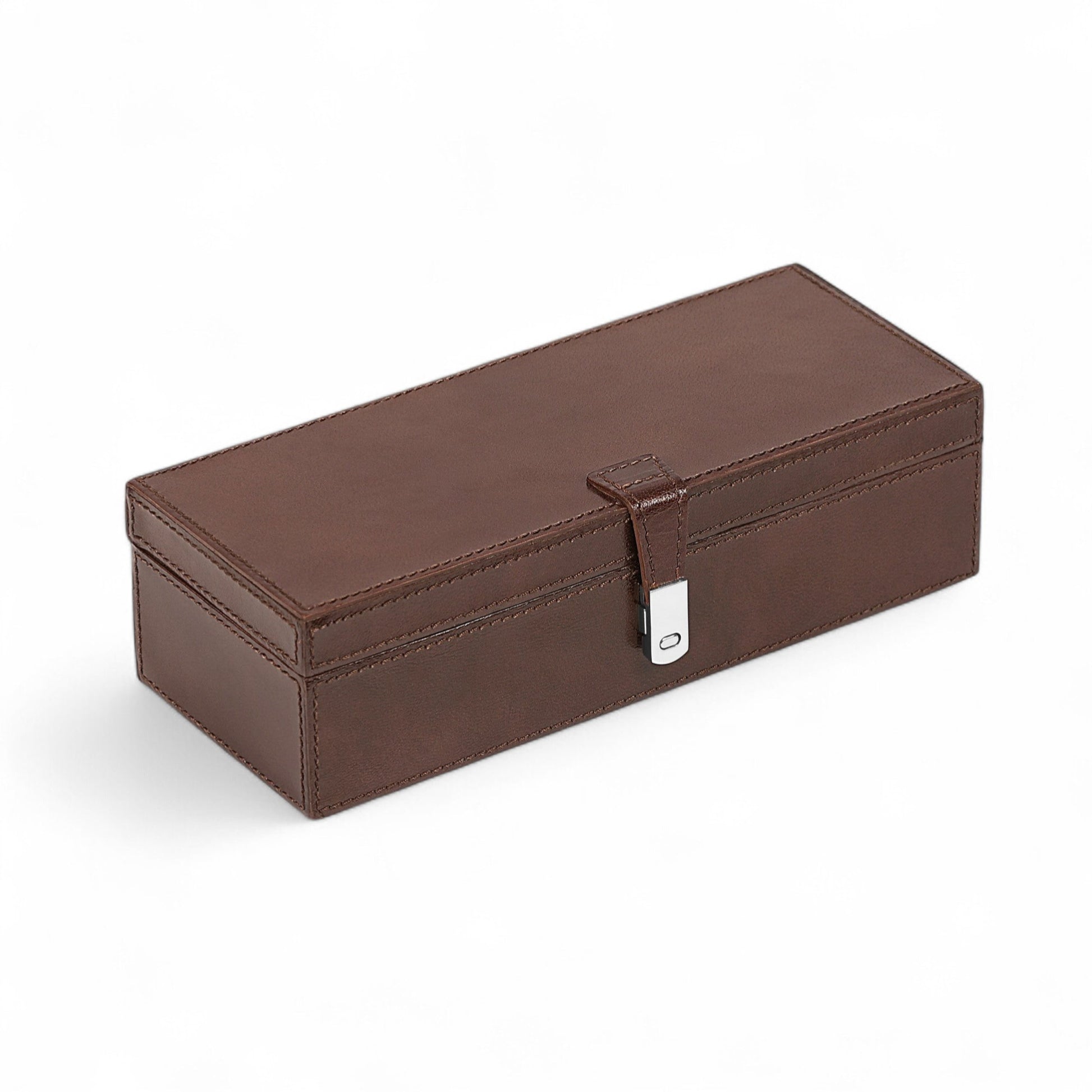 Brown leather jewelry box with a silver clasp on a white background