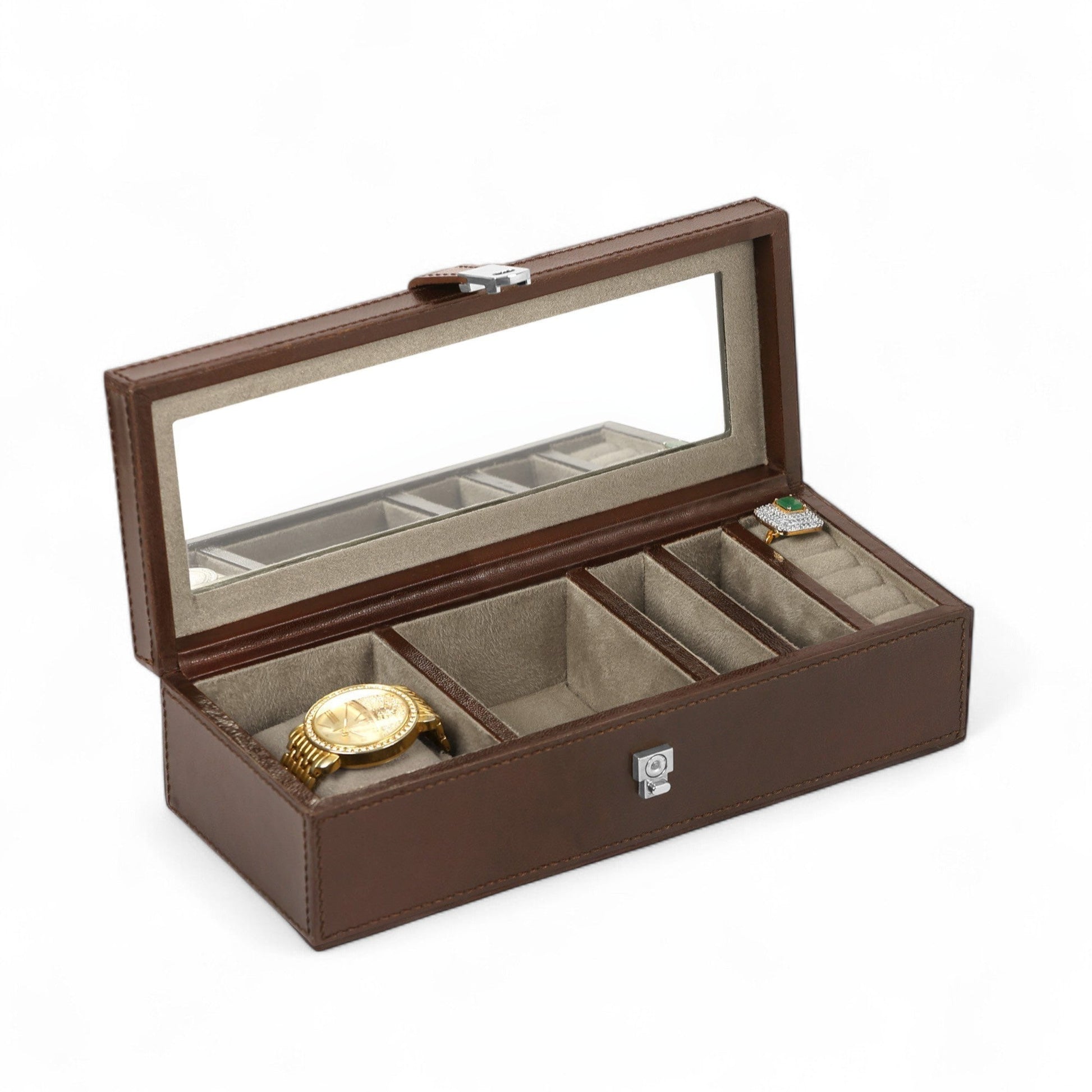 Brown leather watch box with glass top on a white background