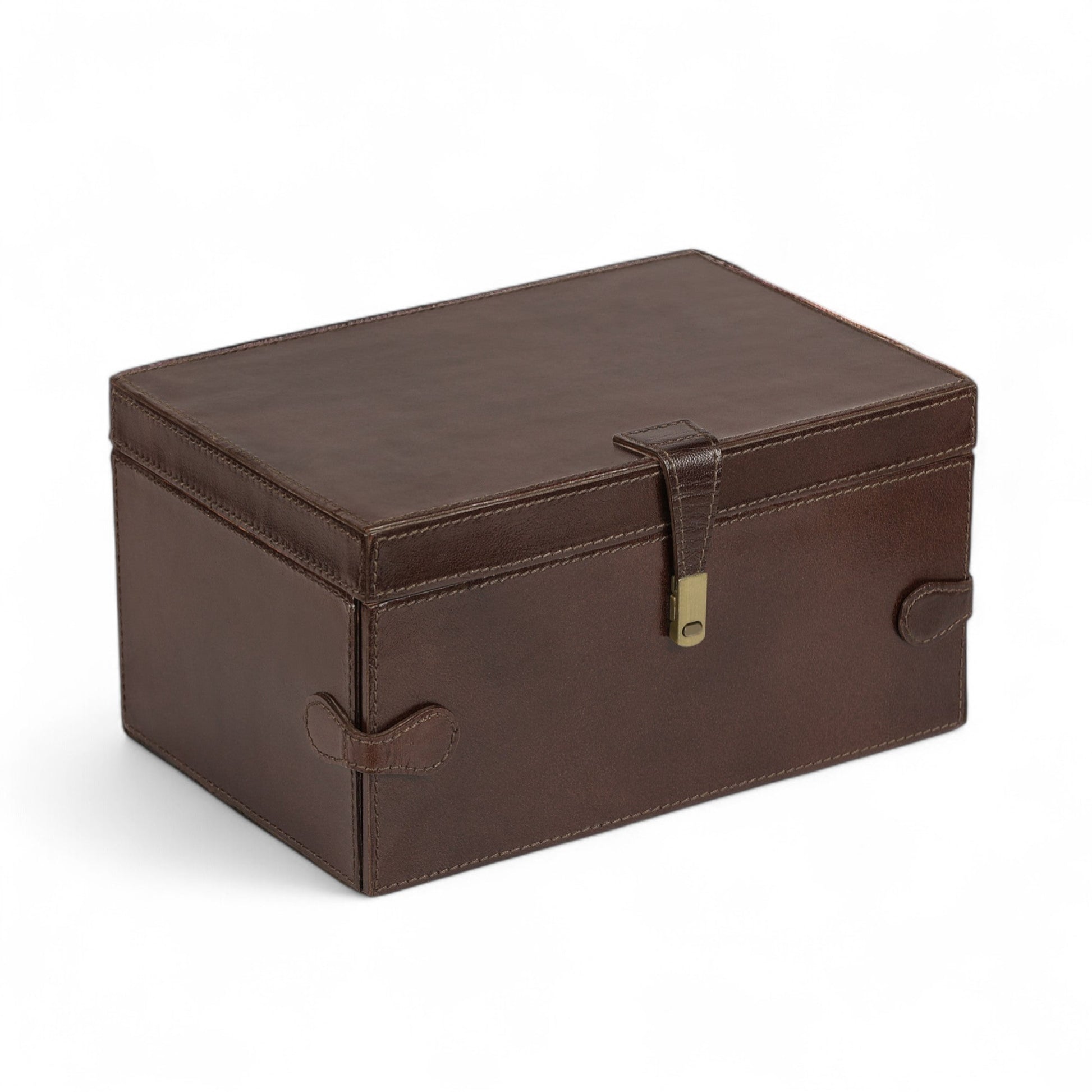 Brown leather storage box with a latch on a white background