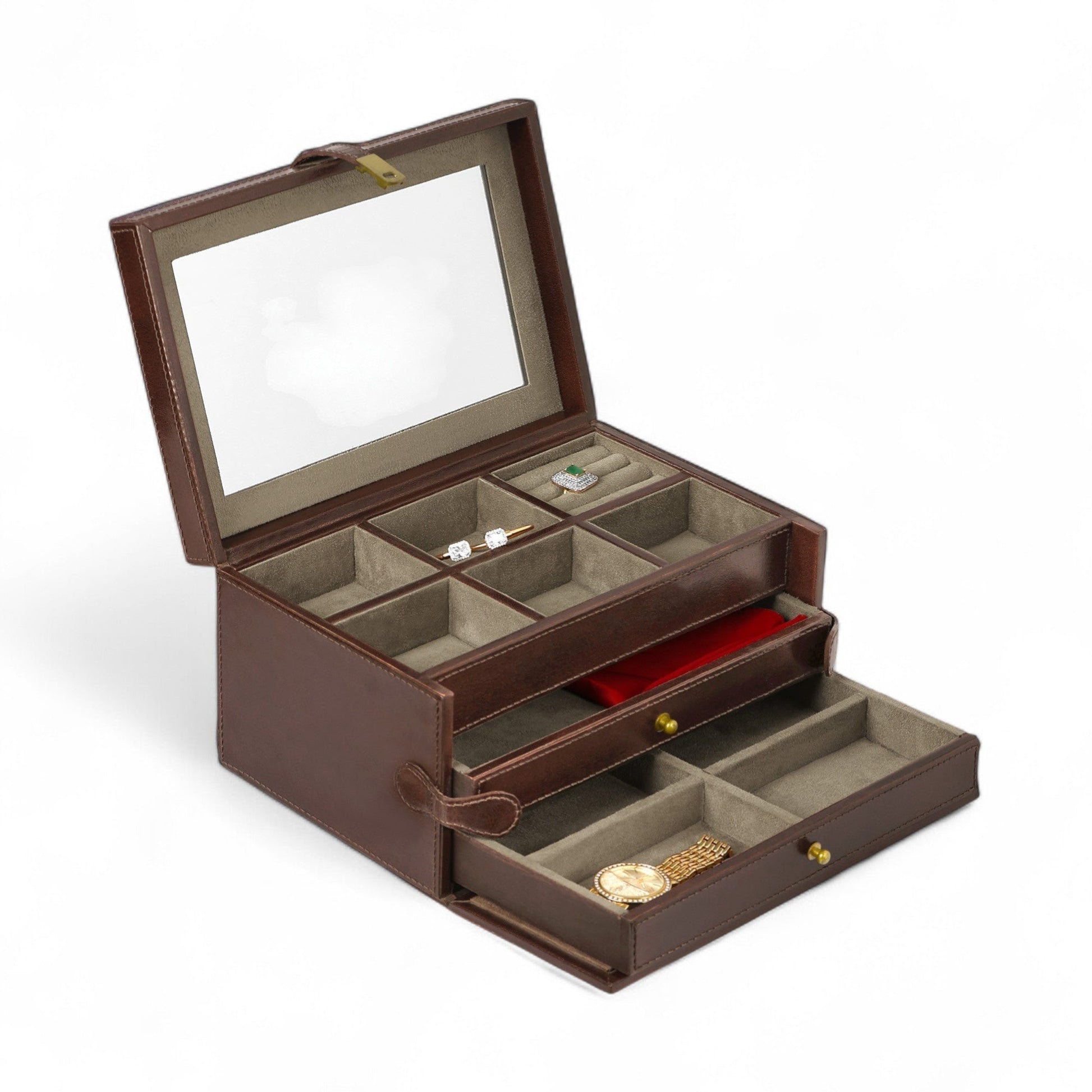 Brown jewelry box with compartments on a white background