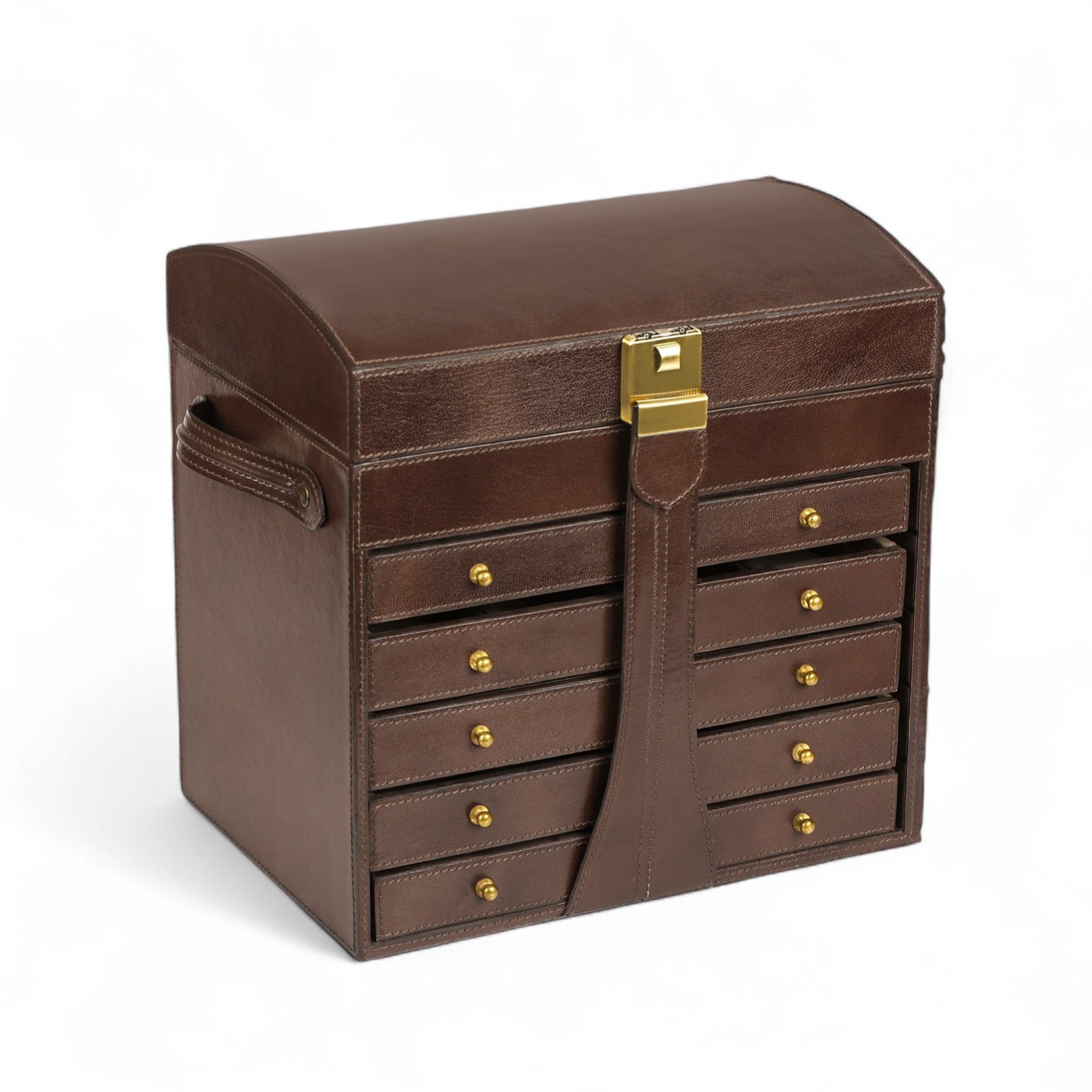 Brown jewelry box with gold accents on a white background