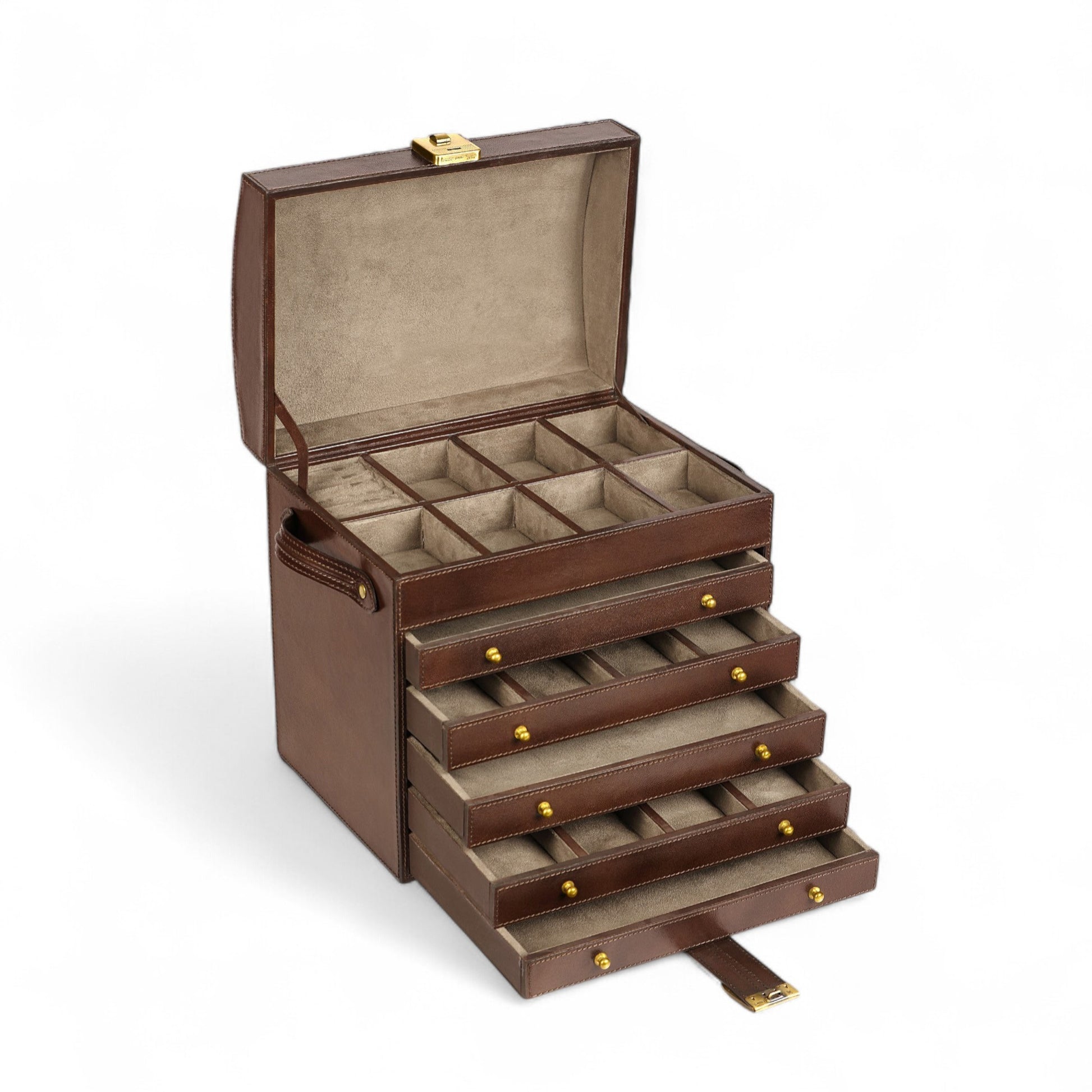 Brown leather jewelry box with multiple compartments on a white background
