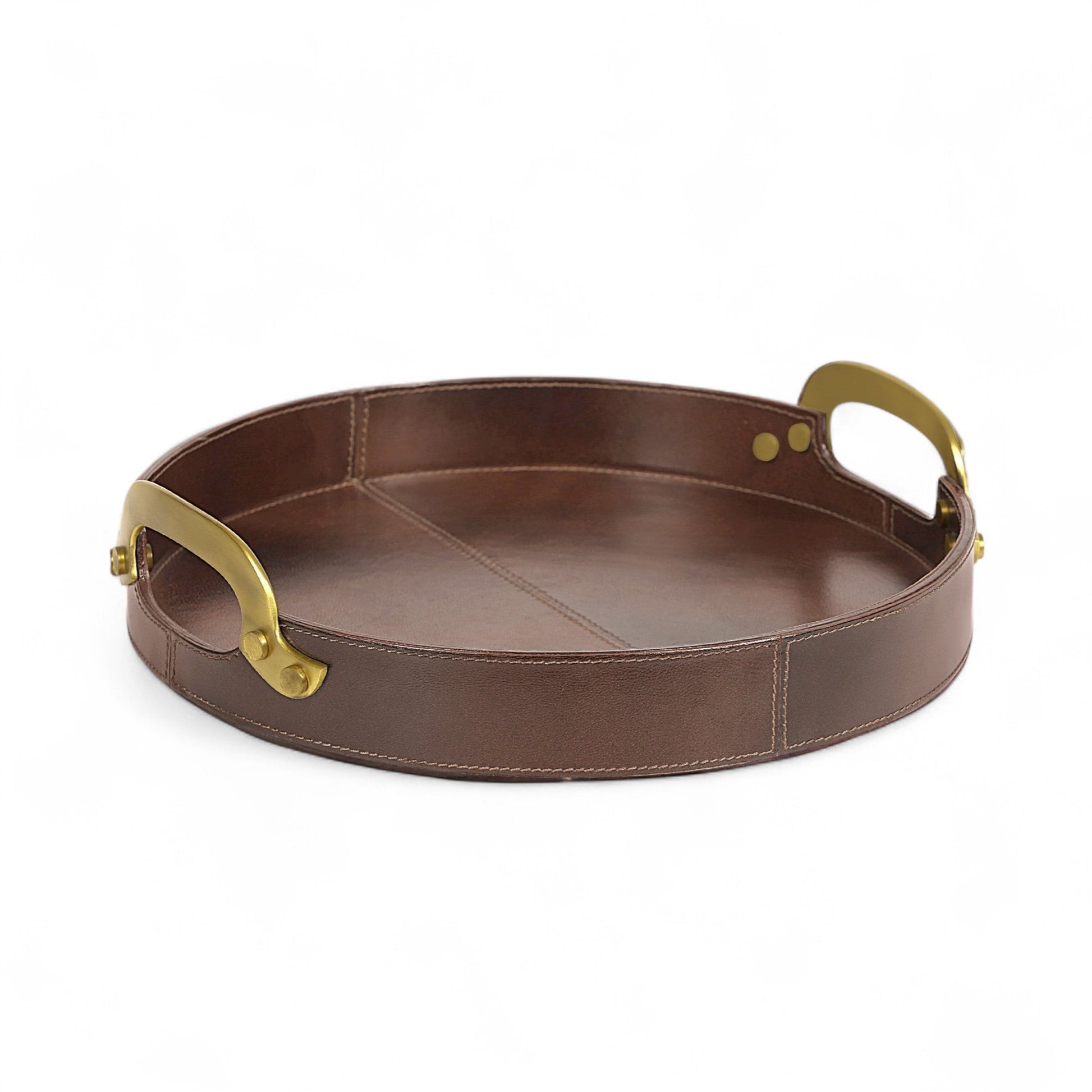 Brown leather tray with gold handles on a white background