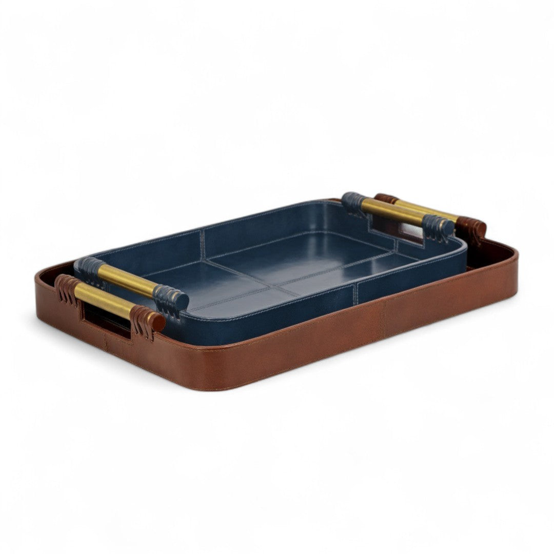 Rectangular tray with brown exterior and blue interior on a white background