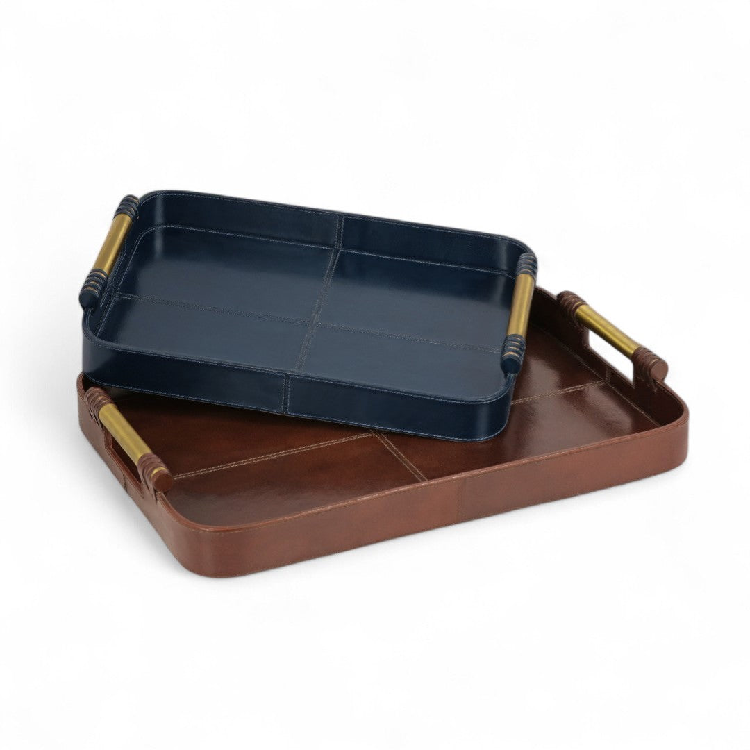 Two trays, one blue and one brown with gold handles, on a white background.