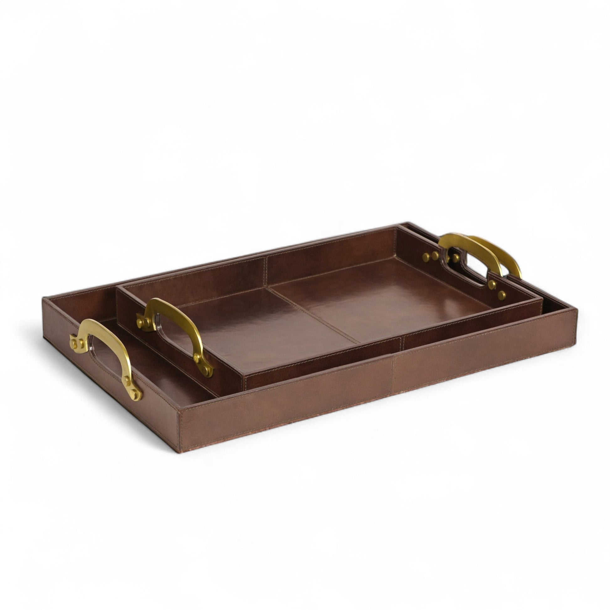 Brown tray with gold handles on a white background