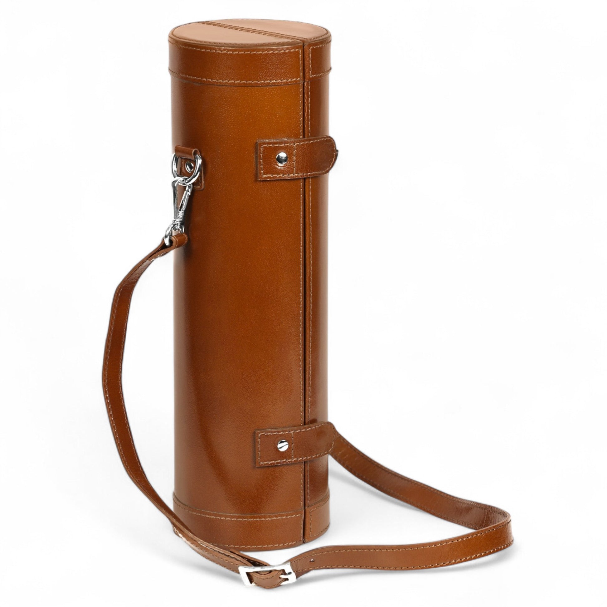 Brown leather wine bottle holder with a strap on a white background