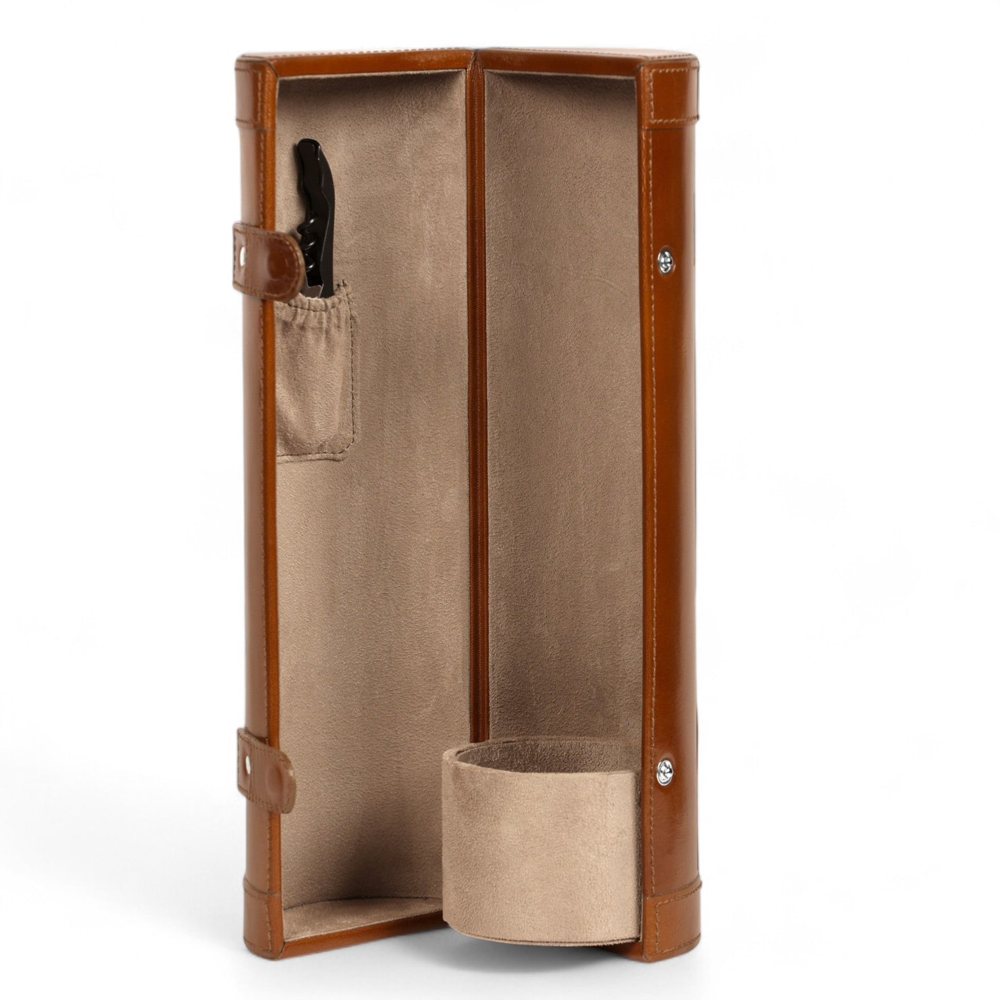 Brown leather case with beige interior on a white background
